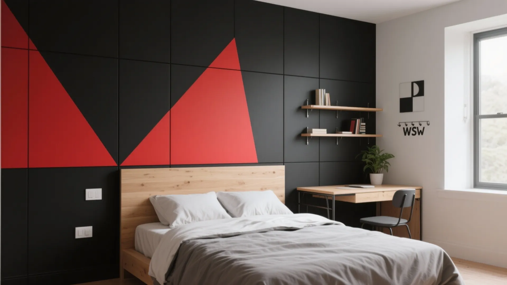 Modern bedroom with black wall panel featuring red triangle design wooden bed and work desk