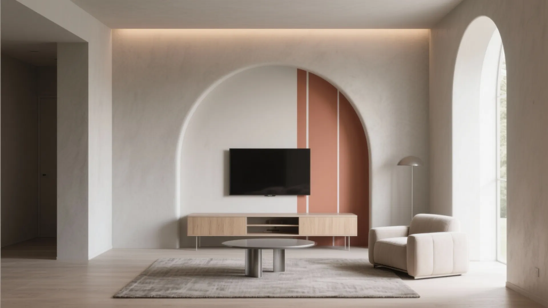 Minimalist living room with wall arch television cabinet armchair round coffee table and rug floor design
