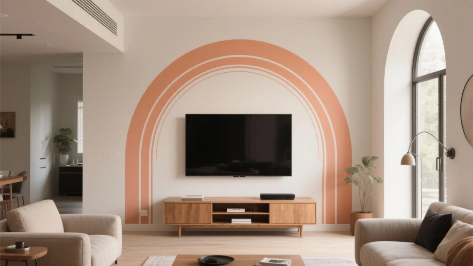 Minimalist living room with orange arched wall paint behind a television and wooden storage cabinet