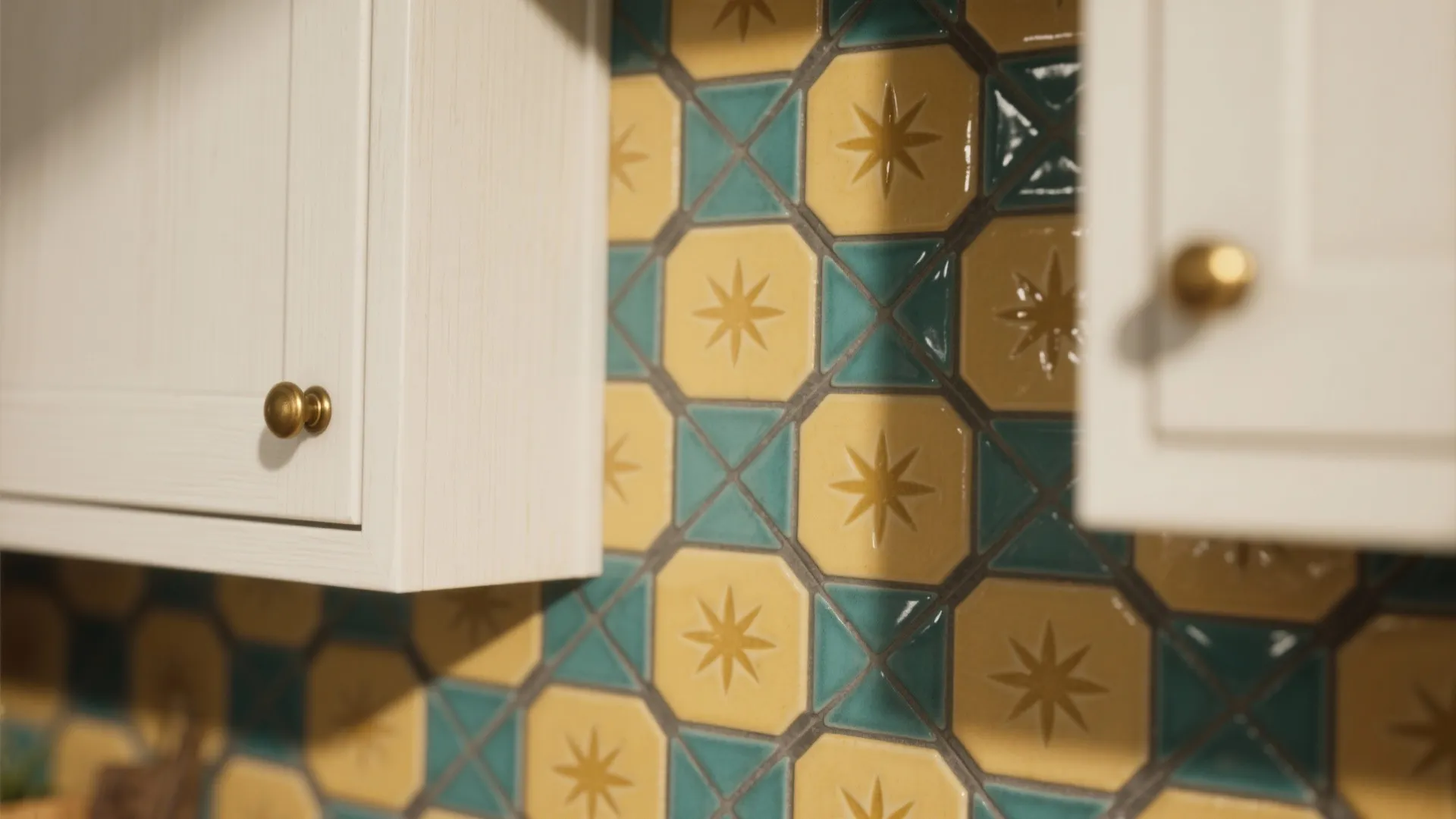 2) Geometric backsplash with character grout