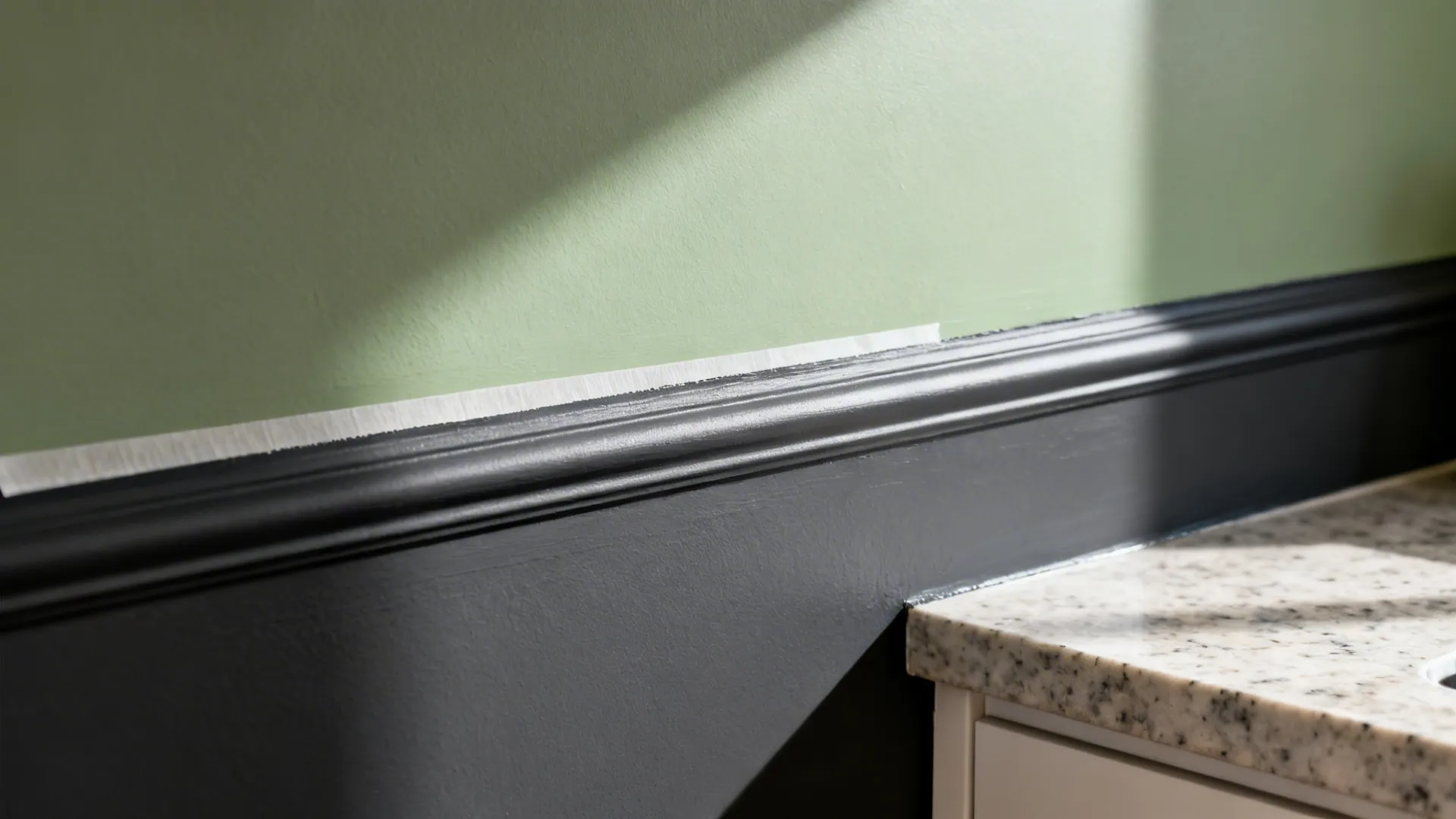 Close-up of crisp stencil band edge in charcoal and sage above a quartz countertop.