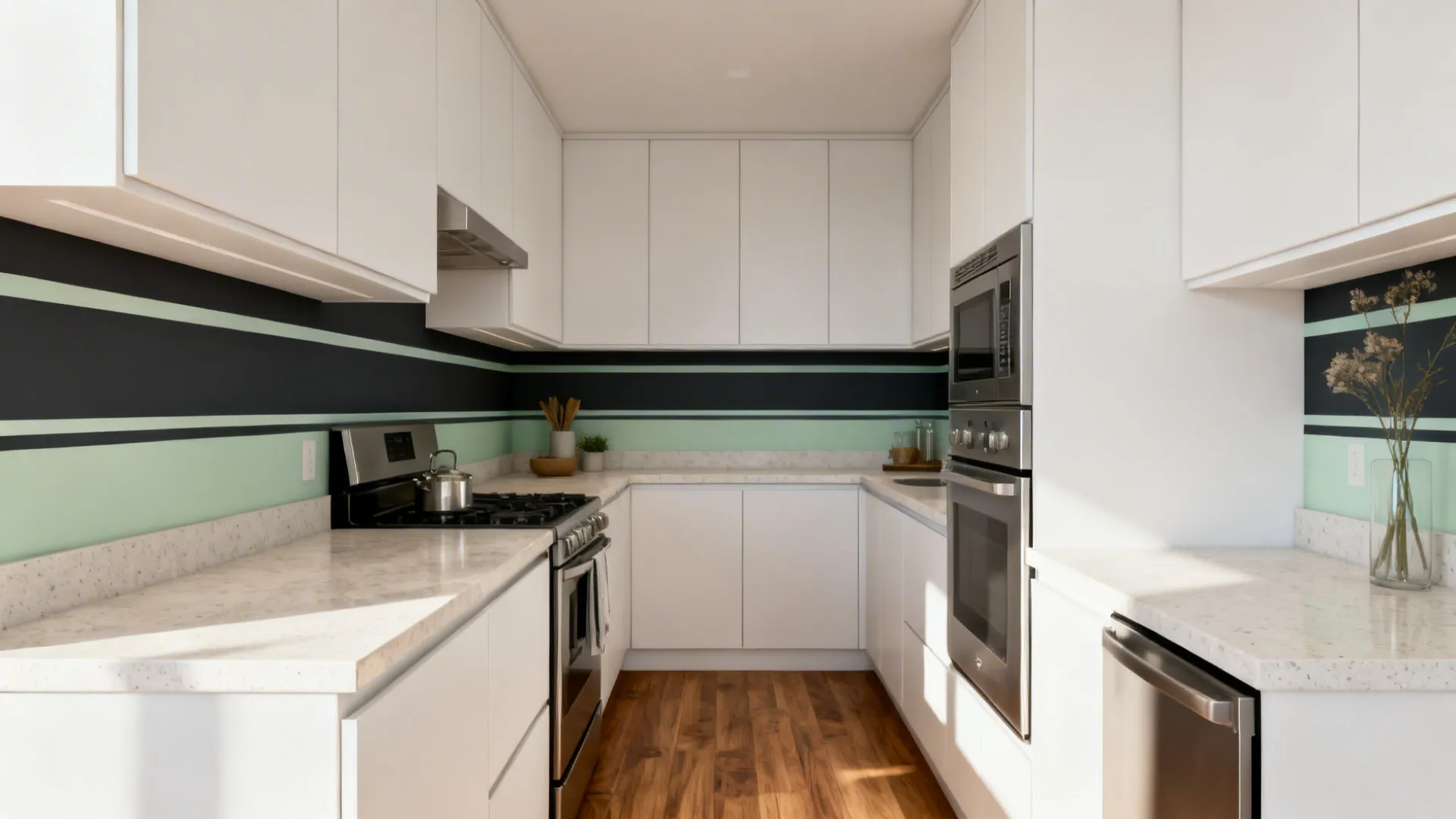 Narrow galley kitchen with charcoal and sage stencil bands framing the backsplash for a clean modern line.
