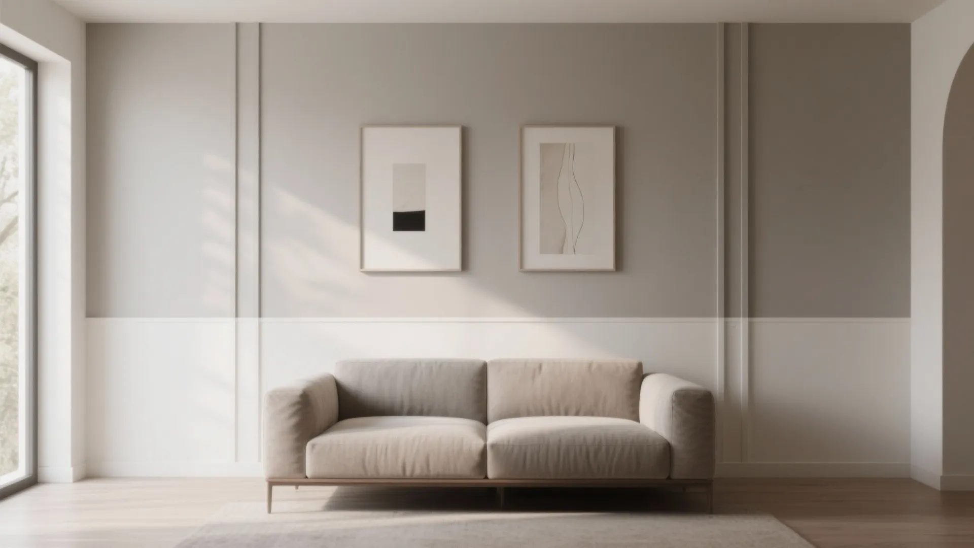 Modern beige sofa in a living room with two wall pictures and light grey wall