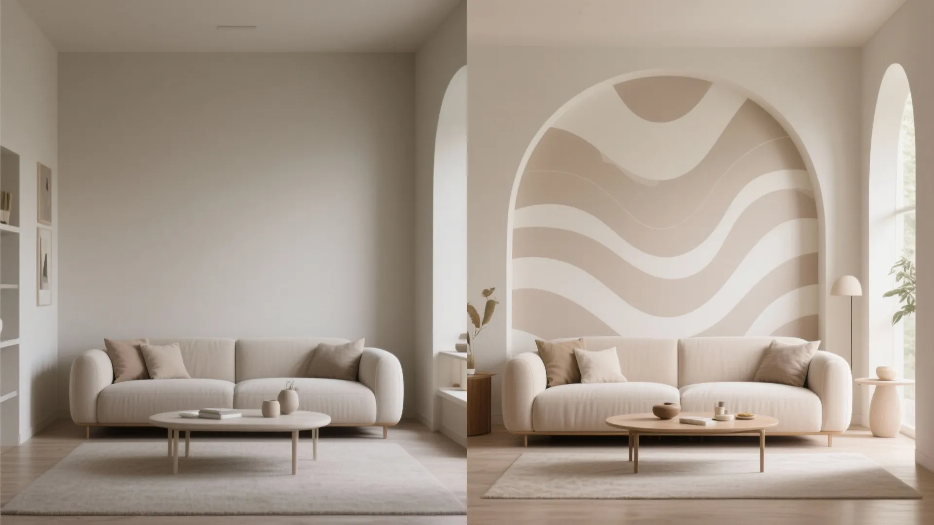 Before and after comparison of a living room showing plain walls versus wavy wall pattern design