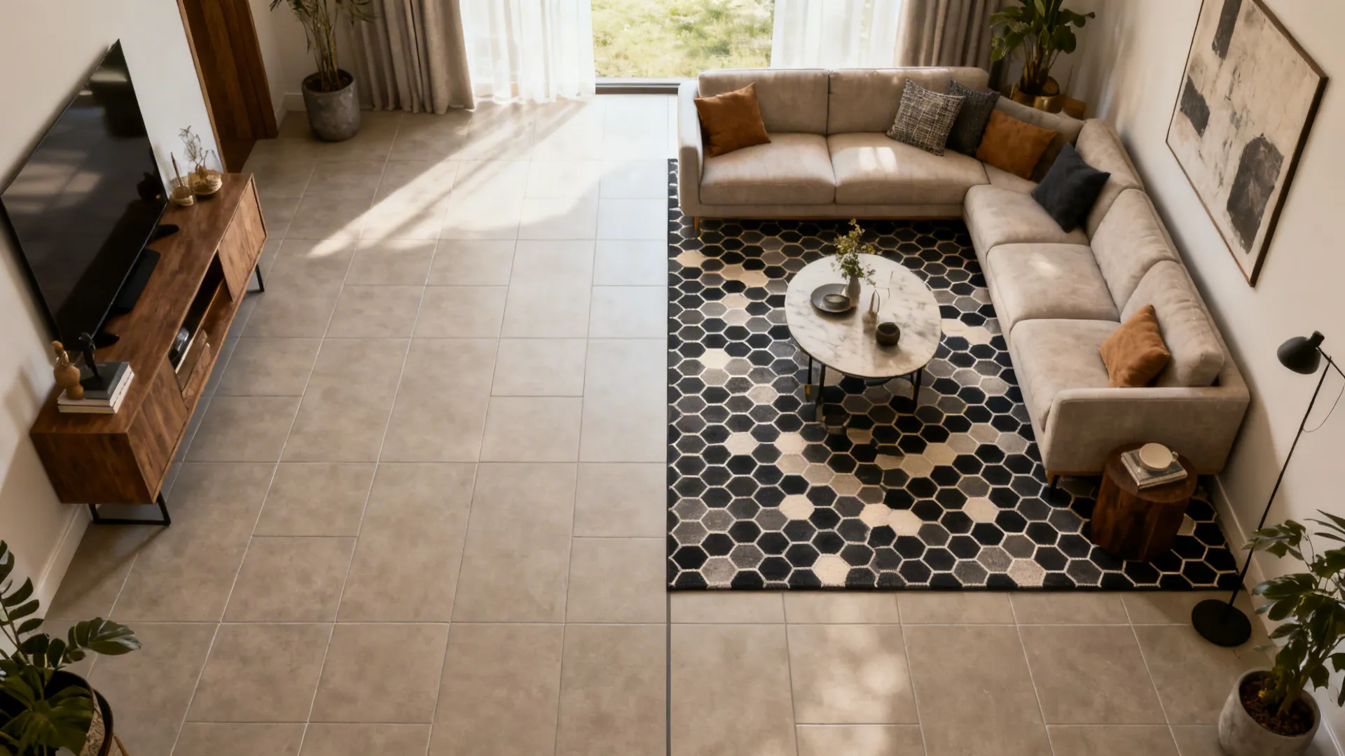 Before-and-after showing a geometric tile zone creating a rug effect in a small living room.