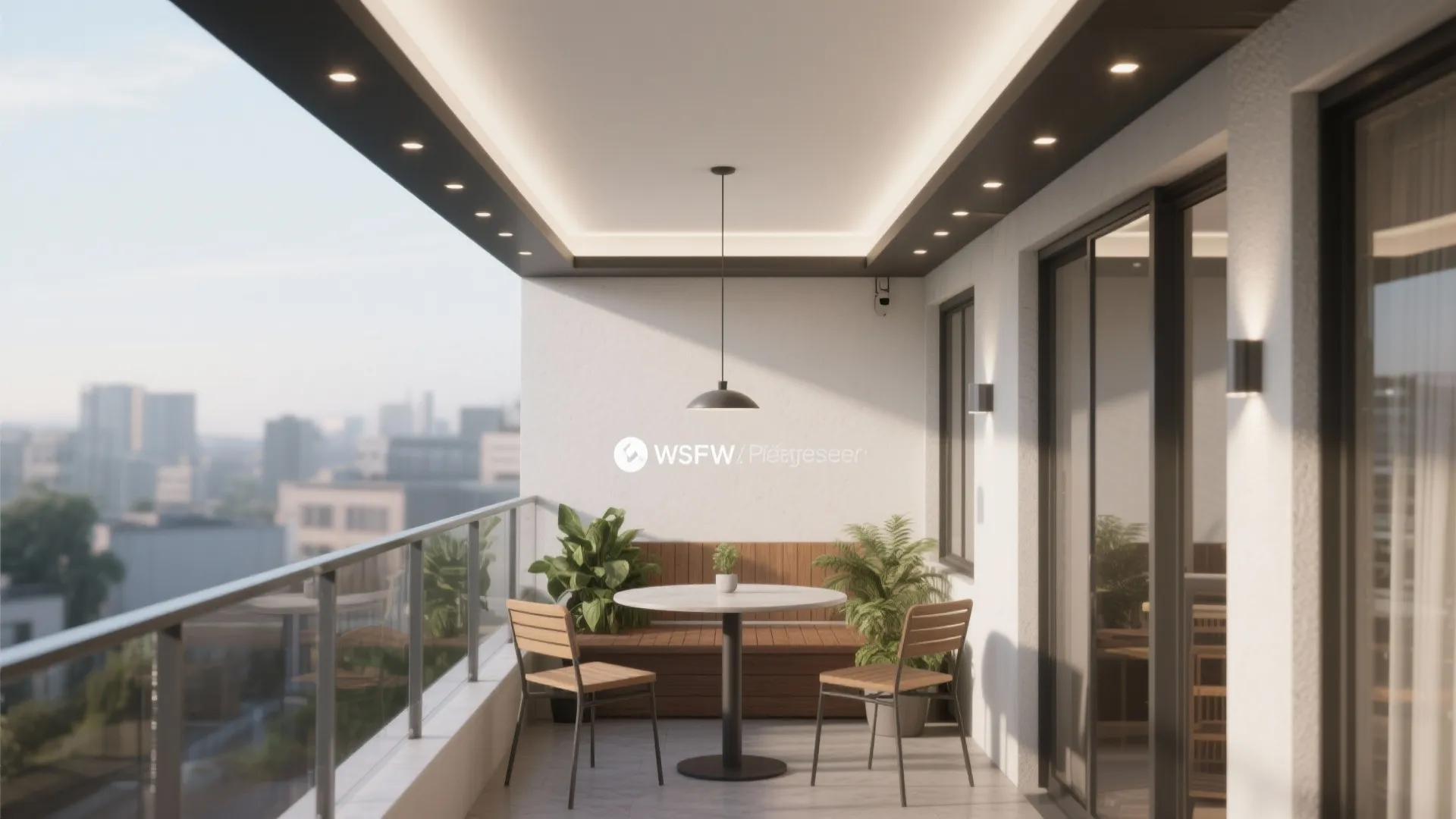 Bright balcony area with wood bench small table two chairs ceiling light and many green plants