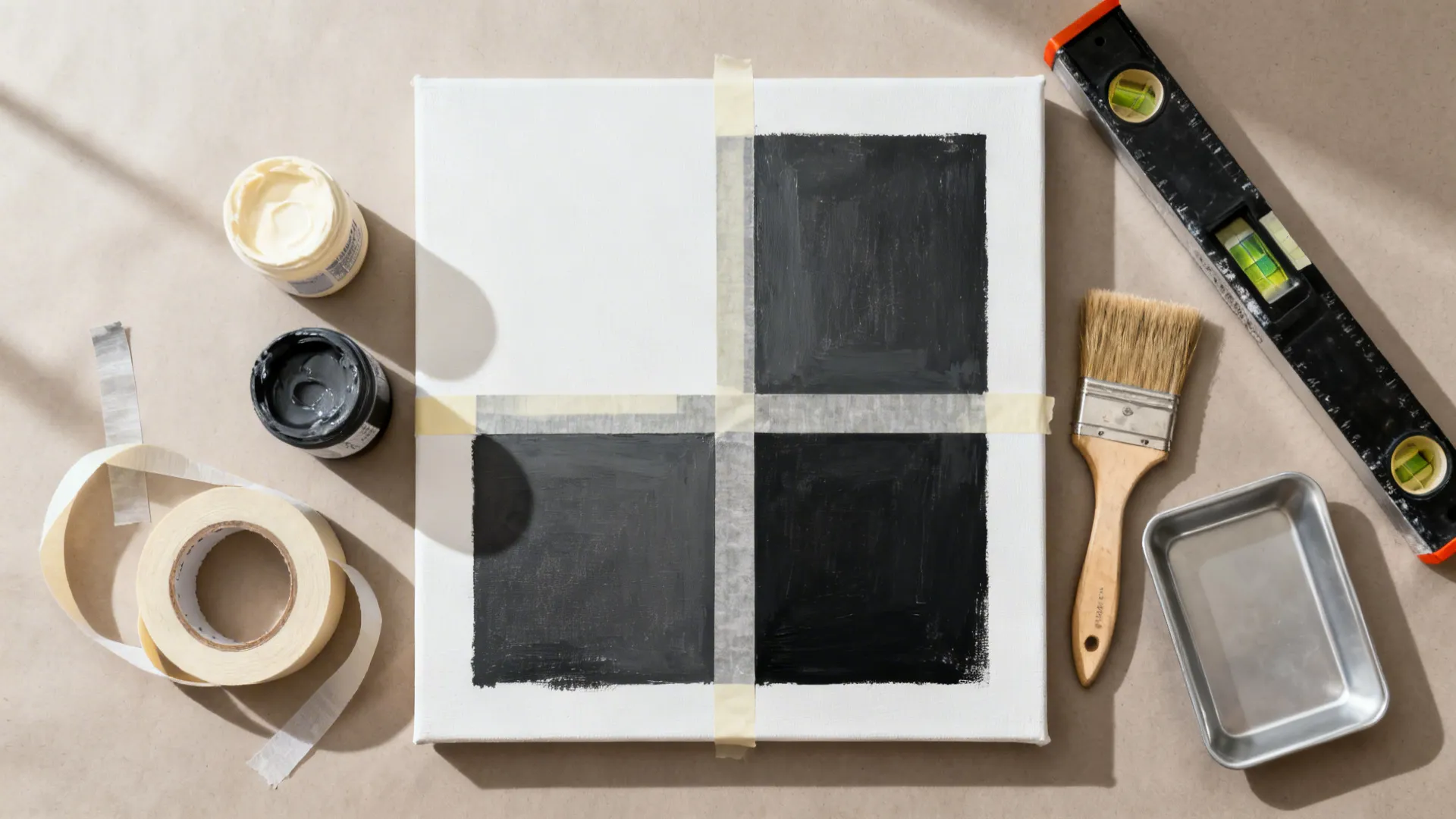 Top-down view of canvas, painter’s tape, acrylics, and tools for geometric art.