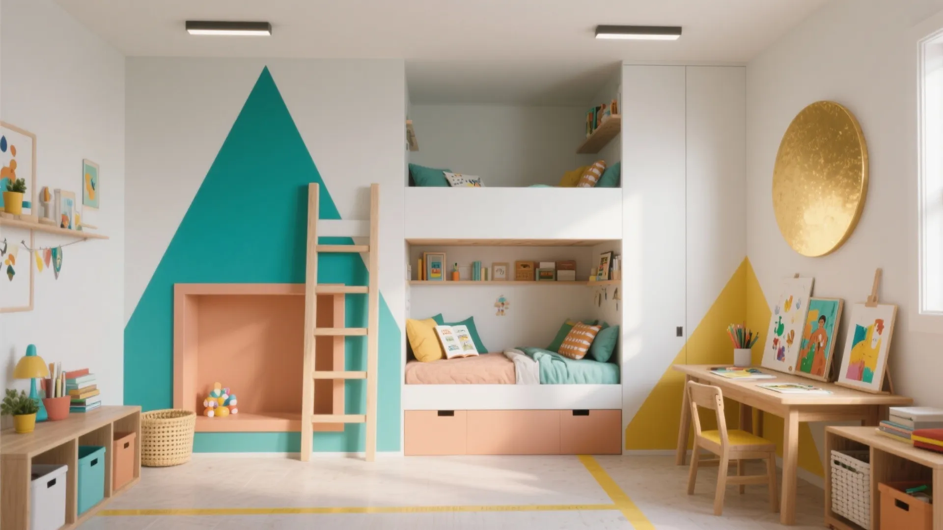 Colorful kids playroom featuring white bunk beds wooden desk green mountain wall paint and shelves