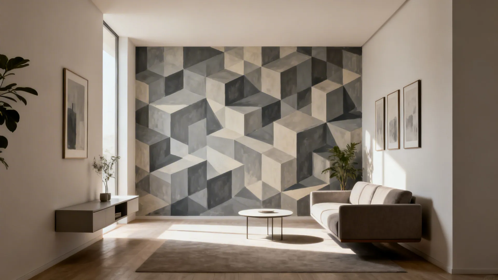 Geometric trompe-l’oeil cube wallpaper adds visual depth to a narrow living room.