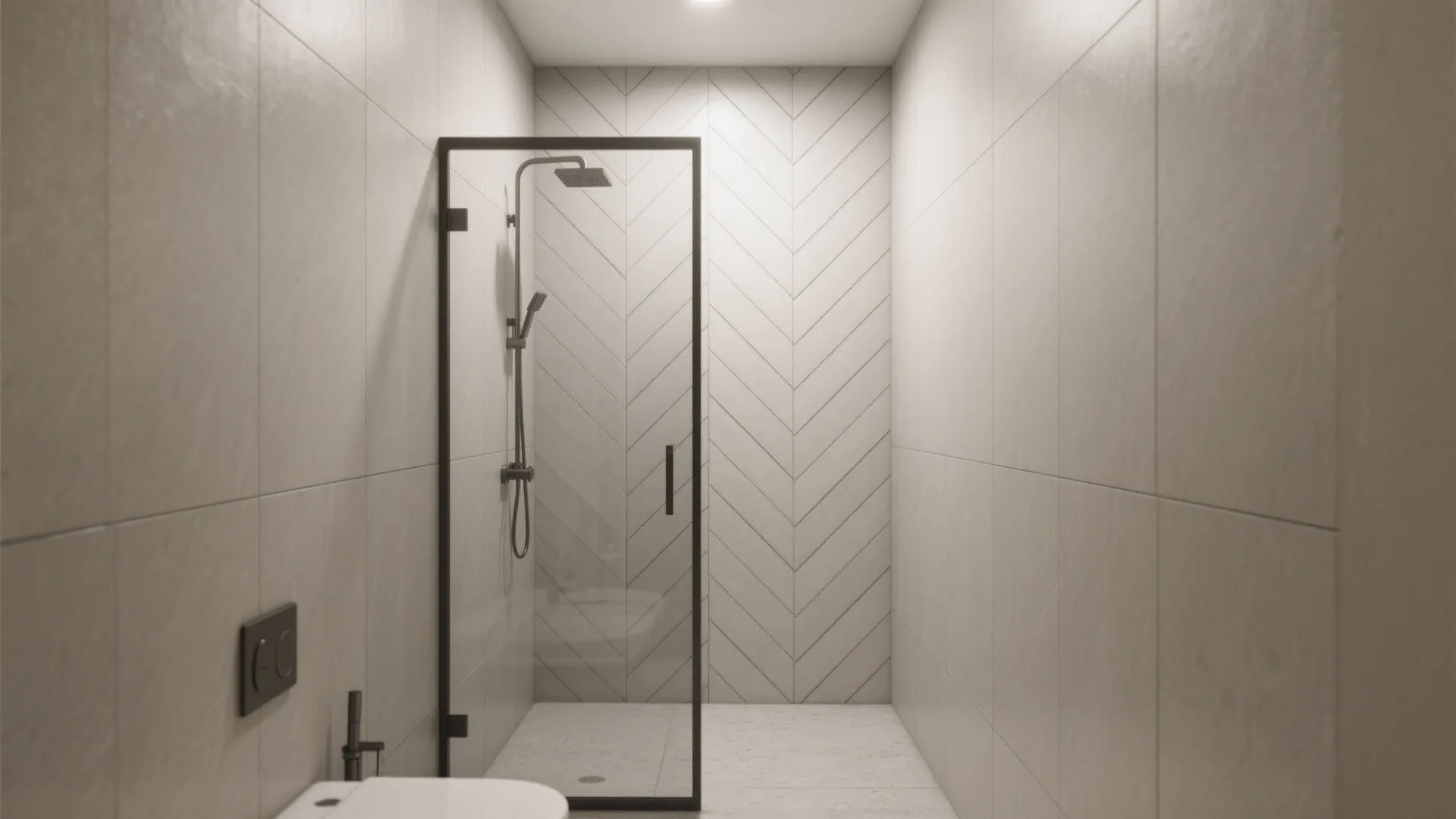 Small shower with vertical herringbone feature wall and quiet matte neutral finishes, eye-level wide-angle view.