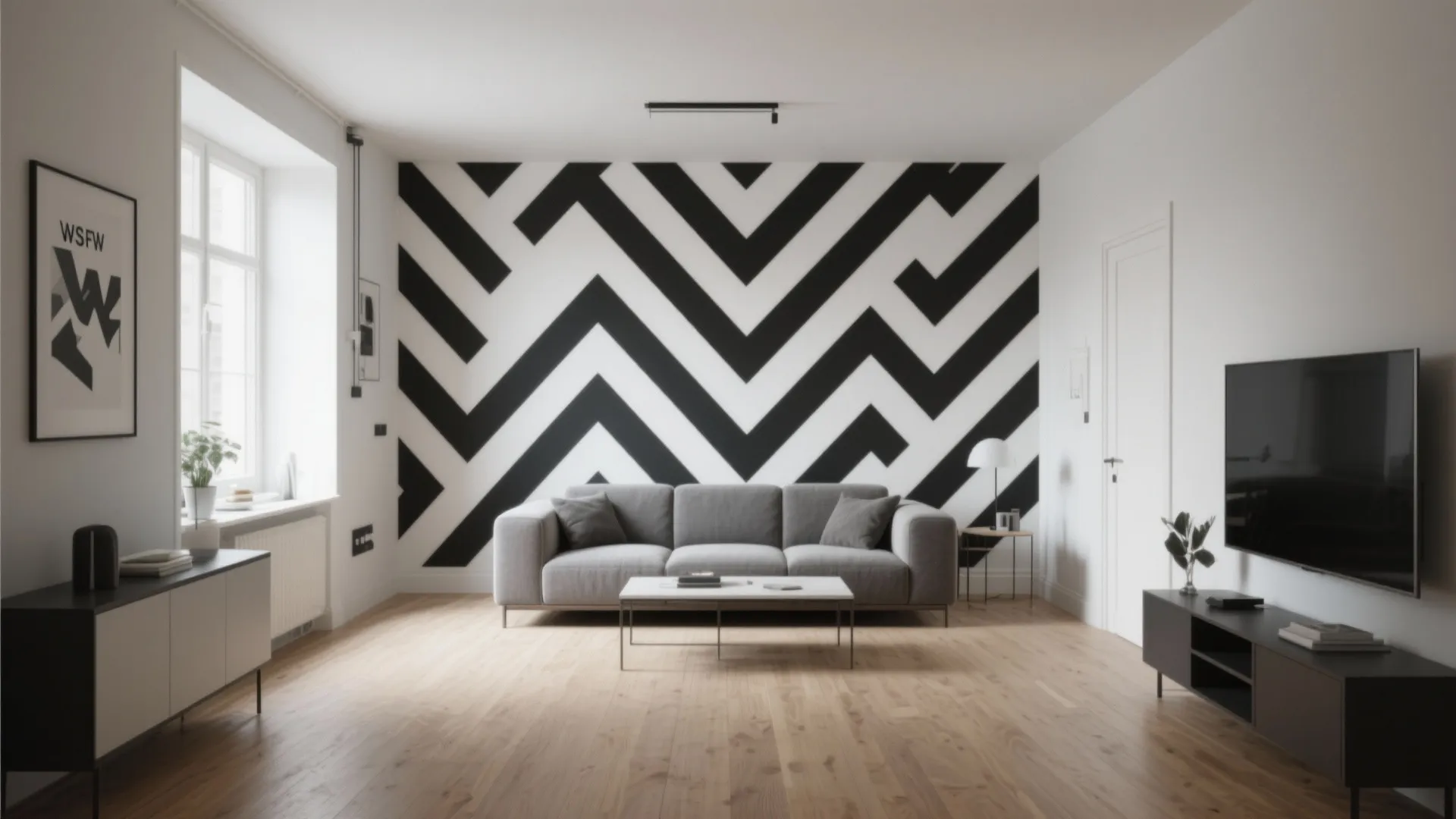 Modern living room with grey sofa and black white patterned wall and light wood floor