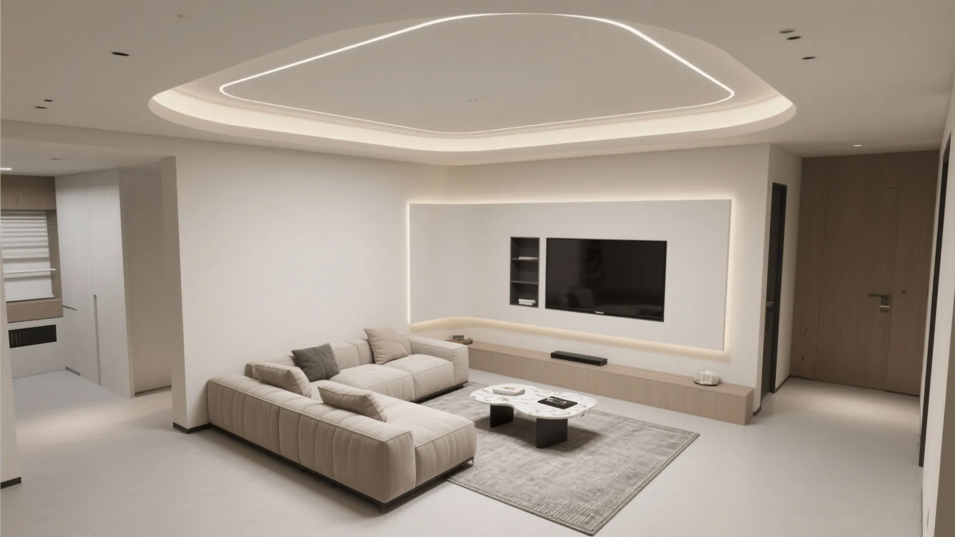 Modern living room with beige sofa marble coffee table television wall panel and curved ceiling
