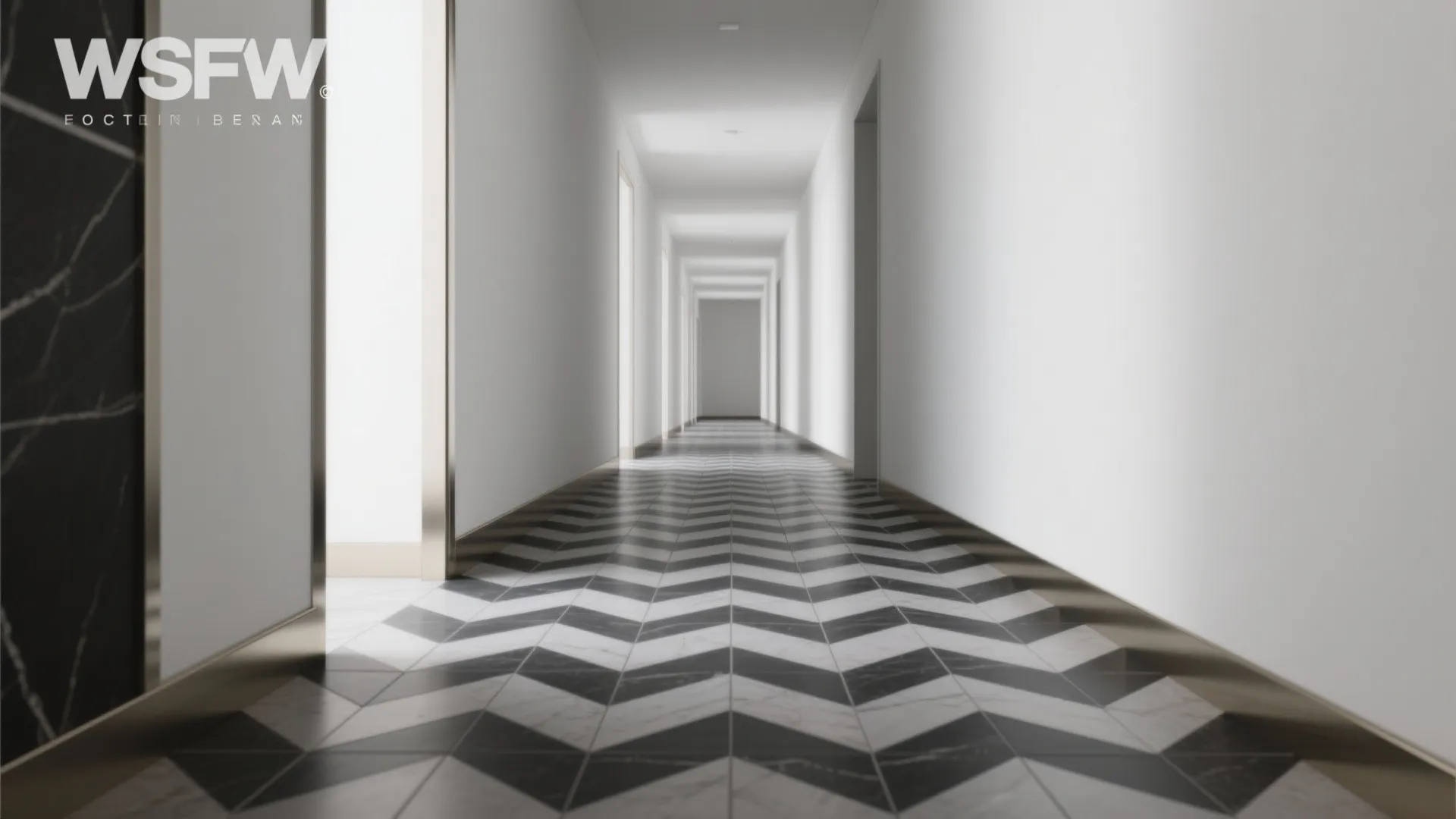 Modern long white hallway featuring black and white chevron patterned floor tiles and bright lighting