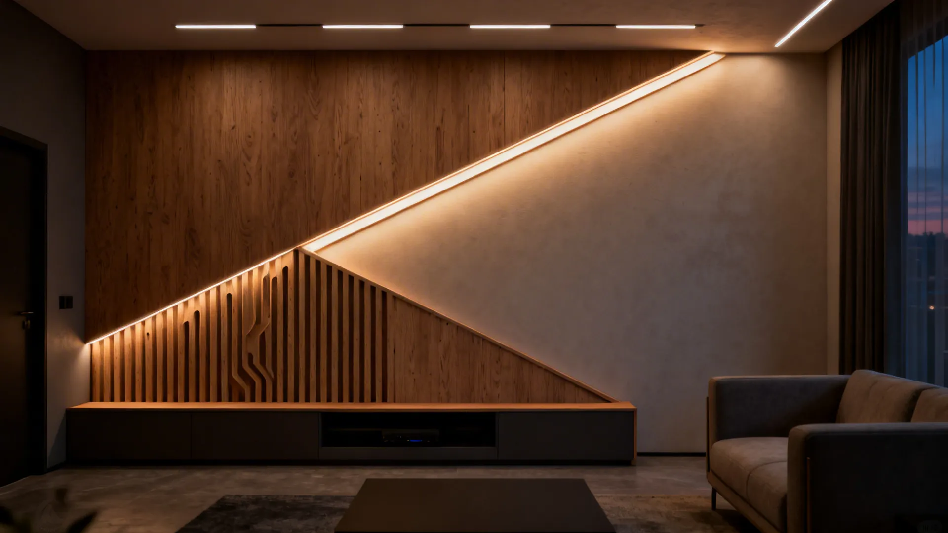 Geometric routed laminate wall with warm diffused LED reveals in a small living room.