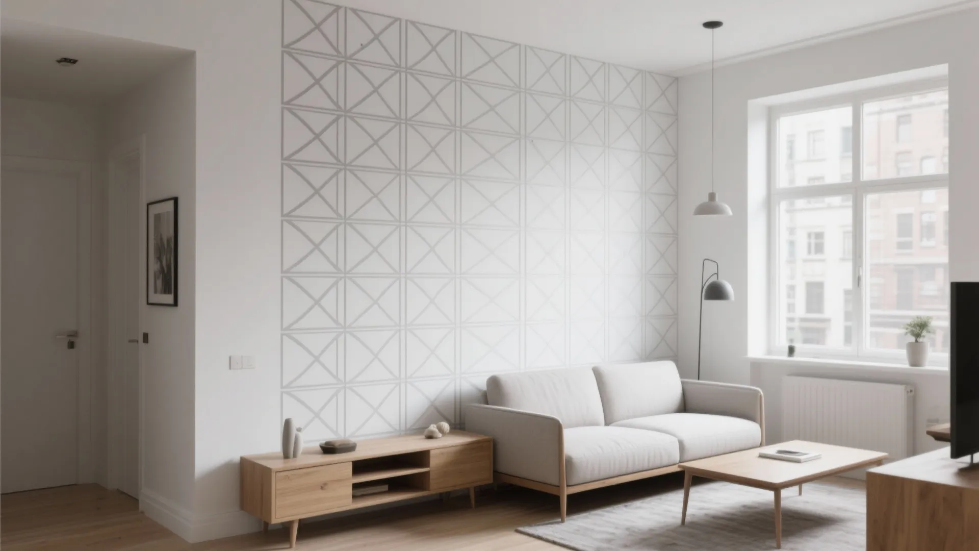 Modern living room with a soft gray slim-line lattice stencil over a white wall, guiding sightlines across a long space.
