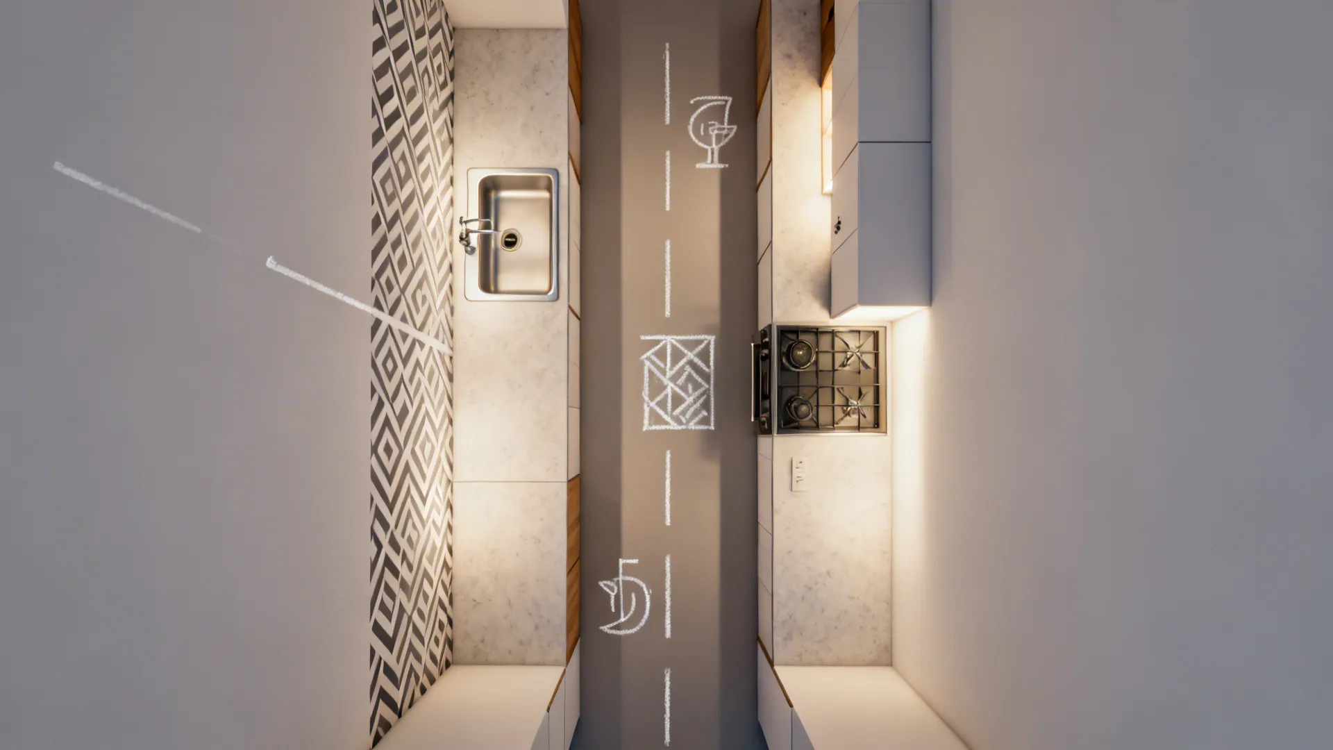 Top-down galley plan showing geometric wallpaper axis aligned to the long sightline.