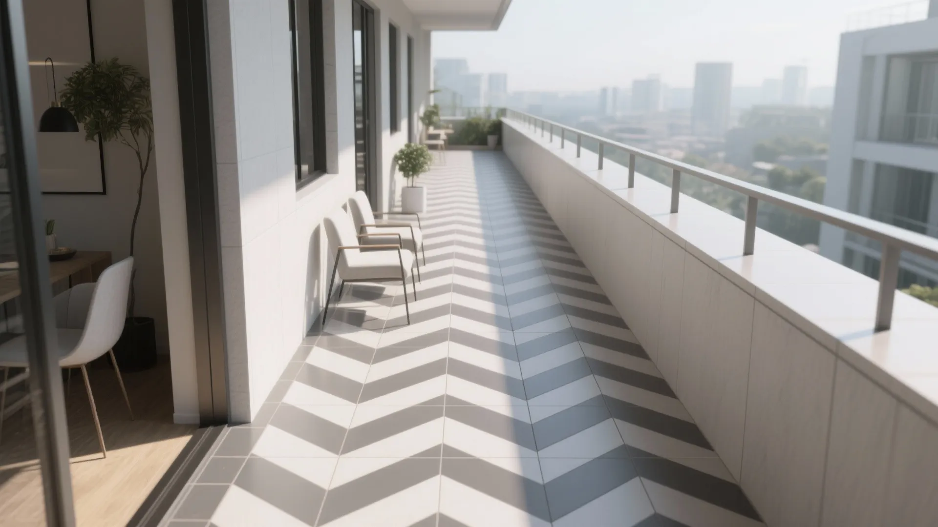 Long narrow balcony with grey and white chevron floor tiles and two white outdoor chairs