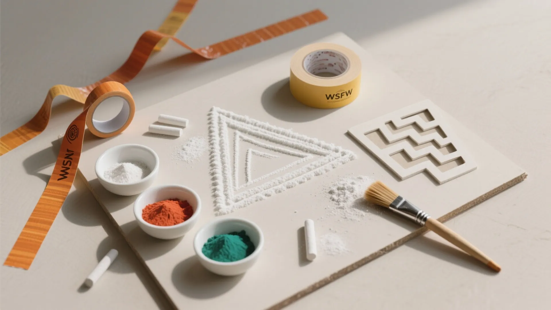 Flatlay of masking tape, chalk, and colored powders for geometric rangoli.