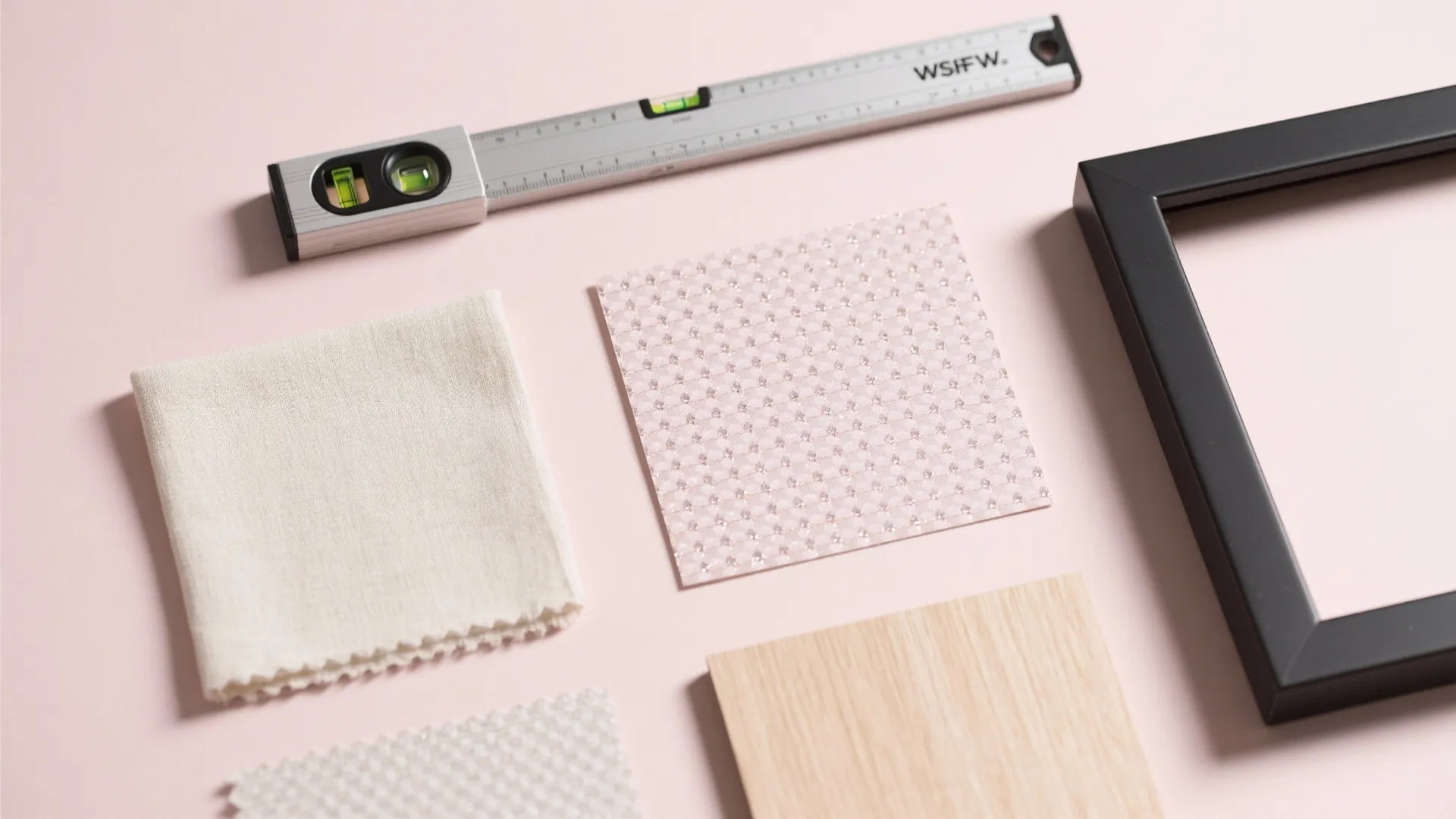 Interior design mood board with fabric samples, wallpaper swatches, wood floor piece, and measuring tool