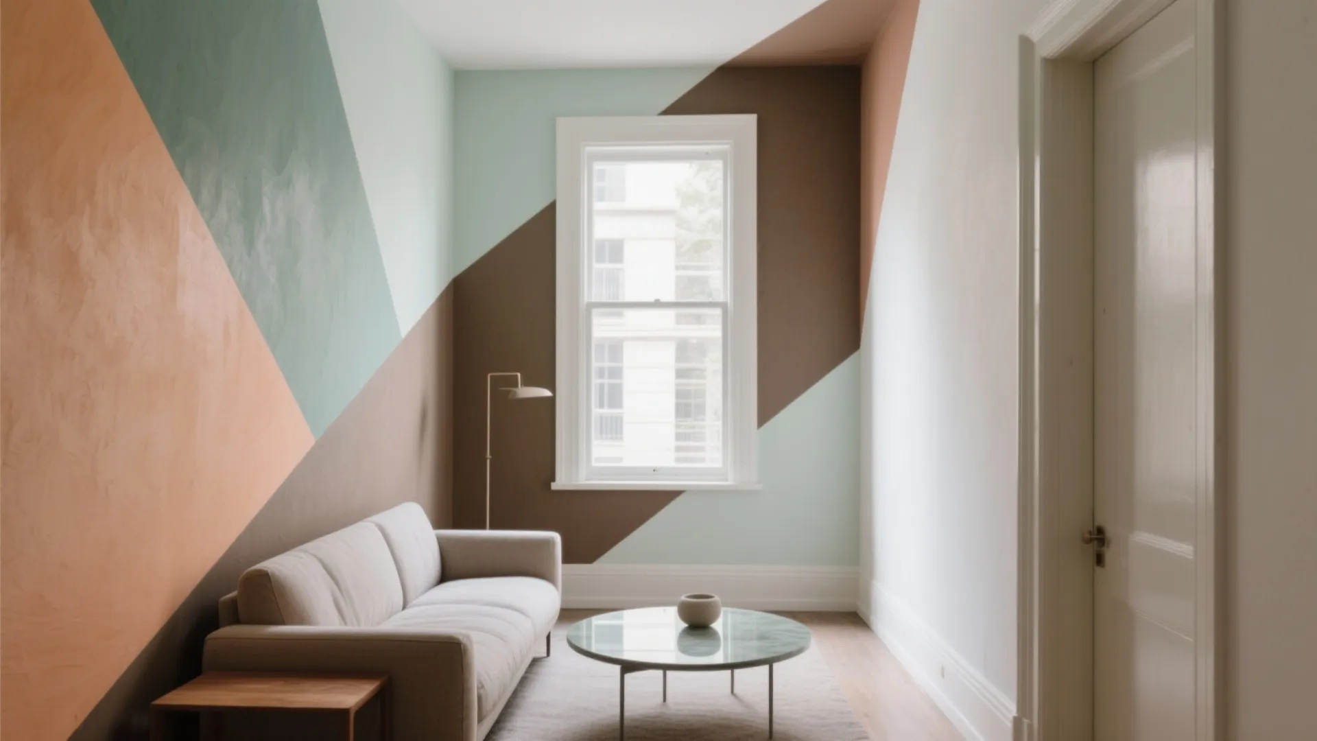 Modern living room with geometric wall paint beige sofa marble coffee table and natural window light