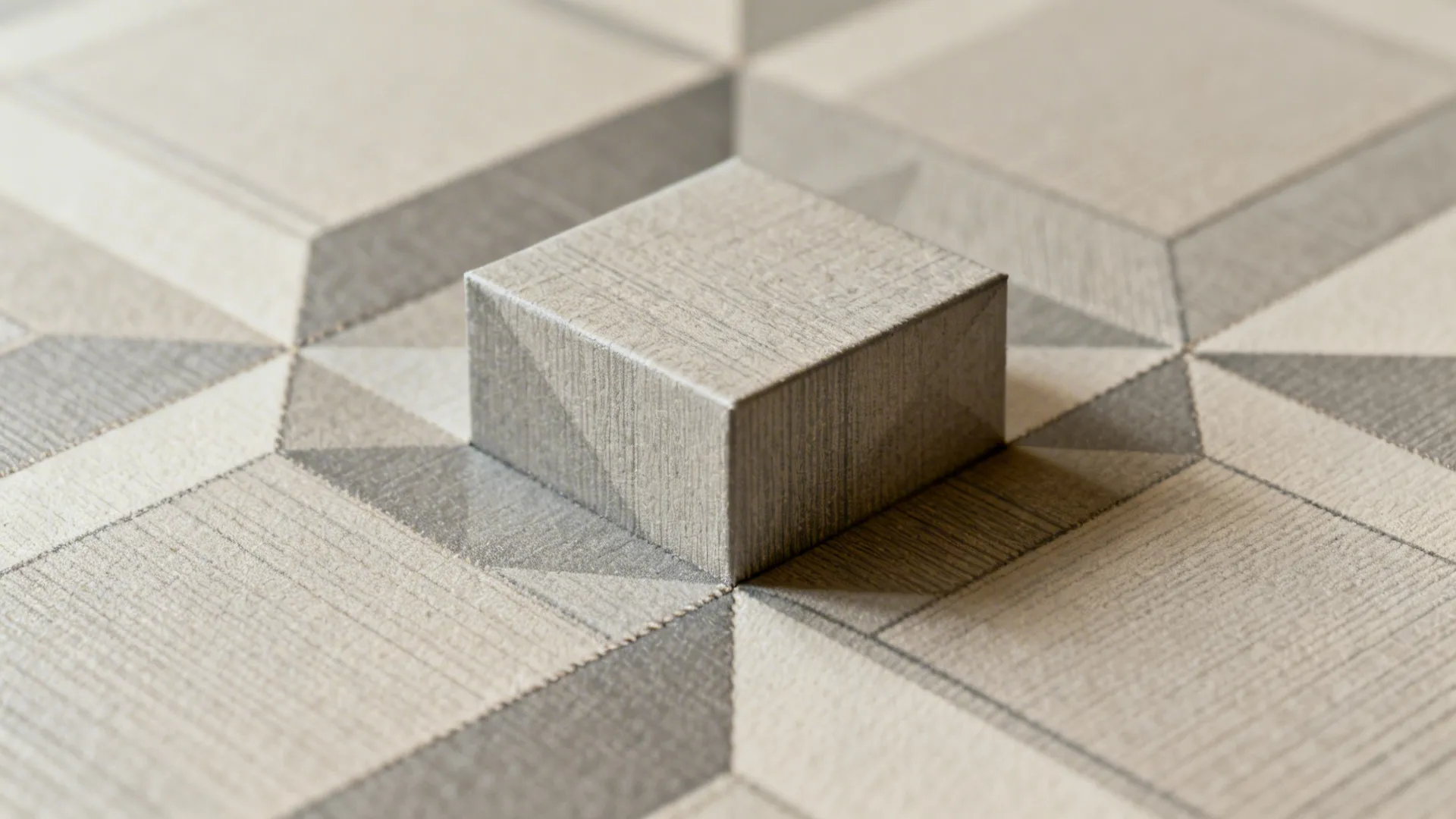 Macro of matte geometric trompe-l’oeil wallpaper showing crisp edges and subtle shadows.