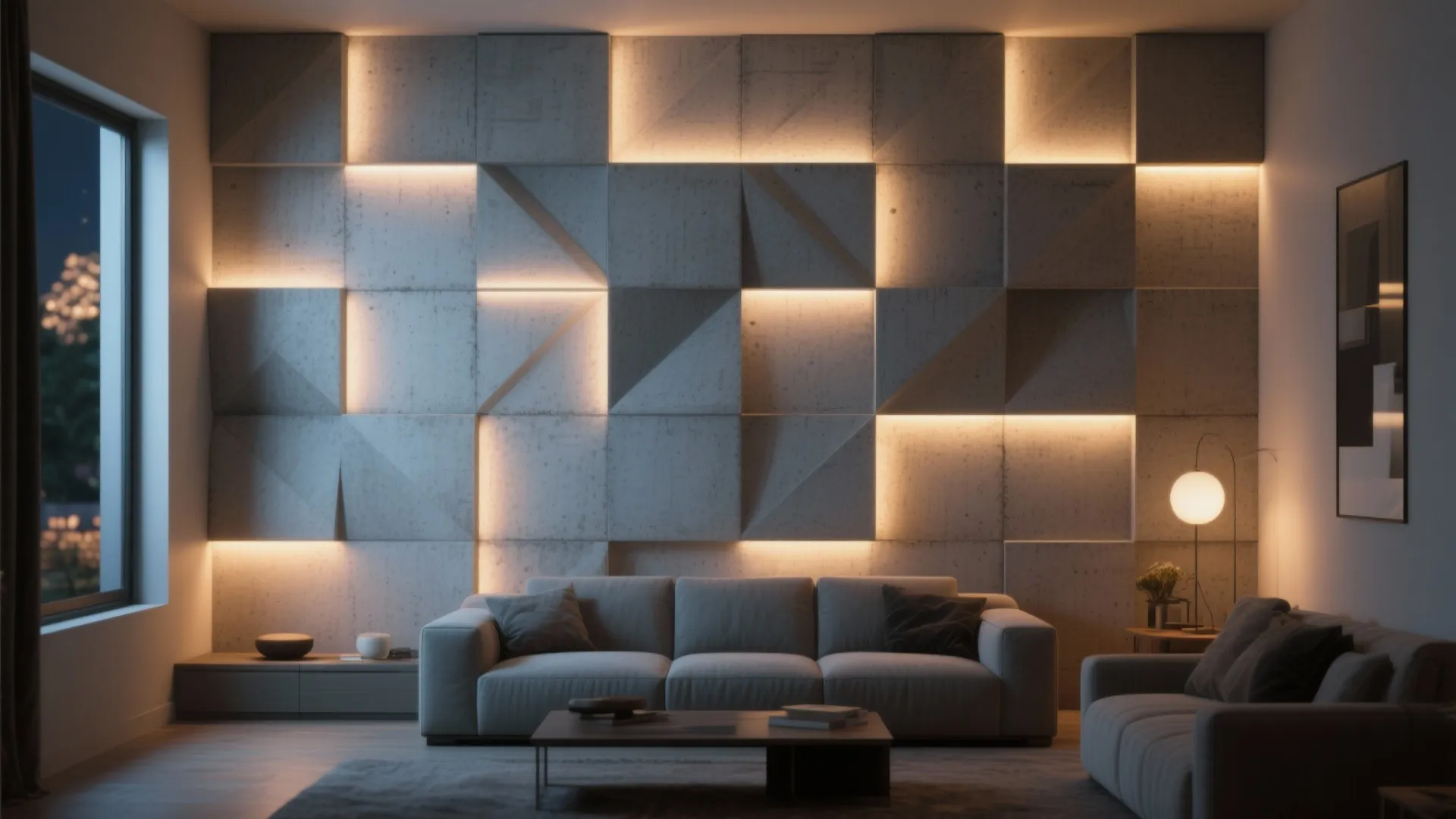Modern living room featuring a grey sofa and geometric wall panel with integrated warm lighting