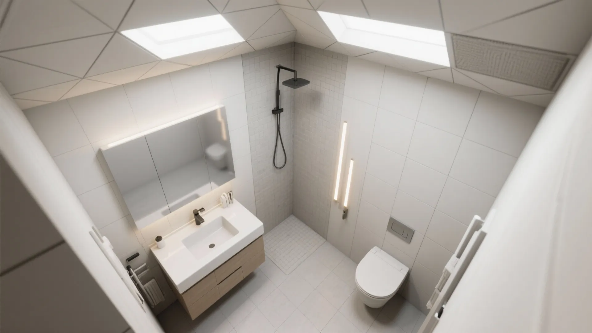 Modern white bathroom with wooden sink cabinet toilet black shower and two bright roof windows