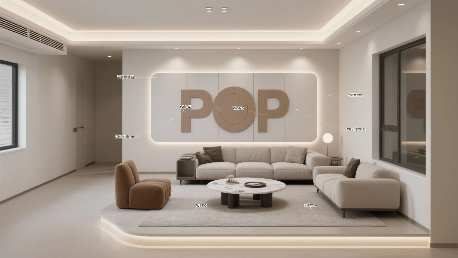 Modern living room with beige sofa round marble coffee table and large wall letter decoration