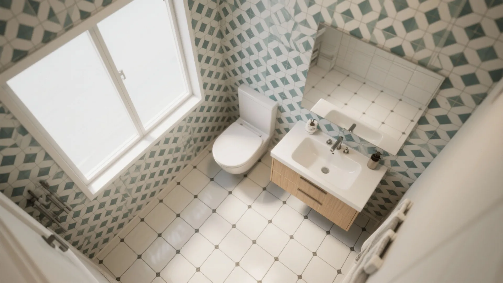 Top down view of small bathroom featuring green geometric wall tiles white toilet and wood cabinet