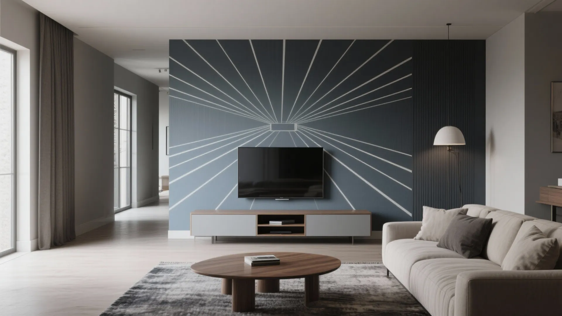 Modern living room with blue sunburst wall, black television on wood cabinet, and white sofa