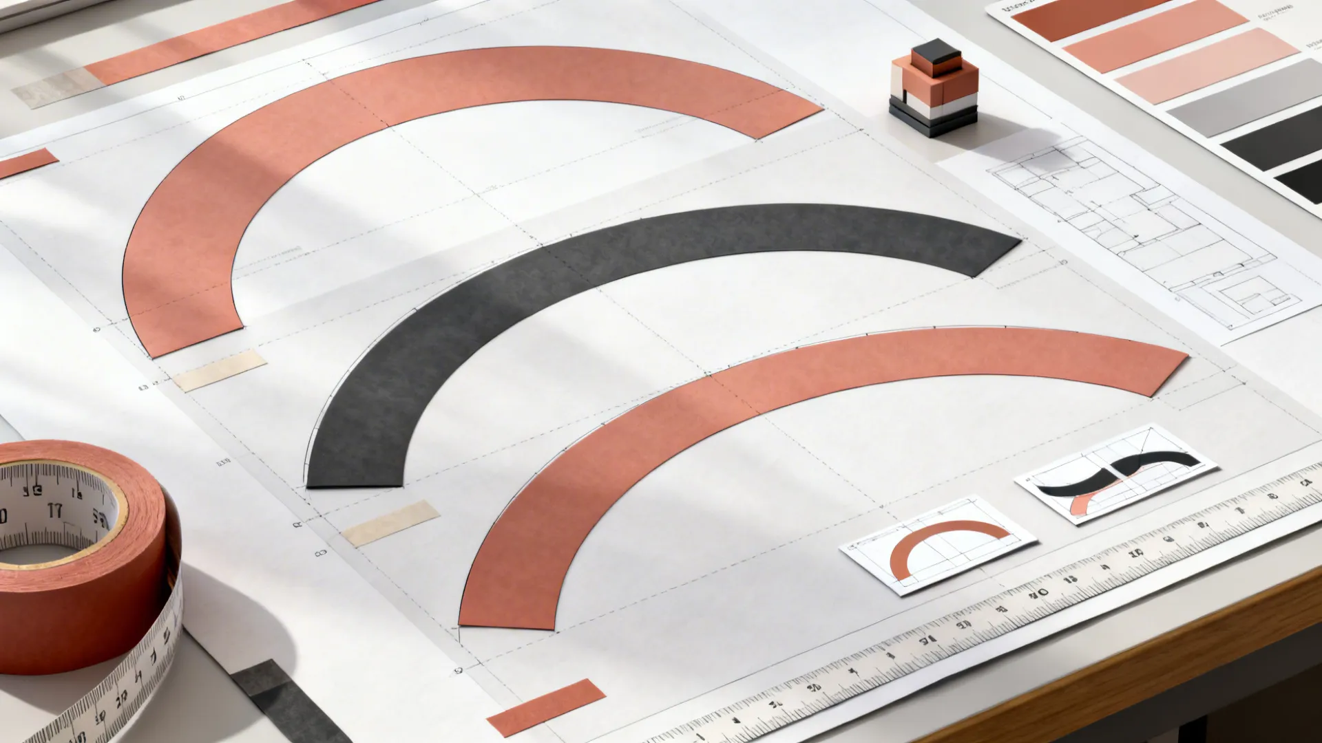 Top-down planning board with arc templates, color swatches, and tape guides for geometric decals.