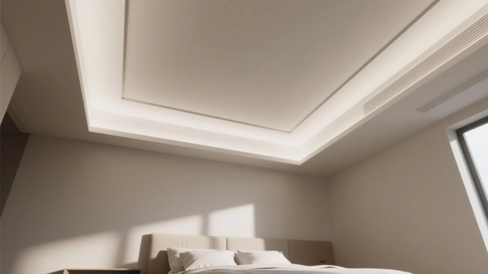 Minimalist bedroom interior featuring a rectangular tray ceiling with bright hidden warm light strip lighting