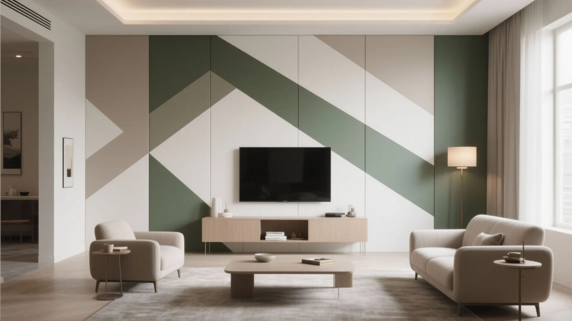 Geometric wall pop design for drawing room with asymmetrical POP panels and muted color-blocking in taupe, bone white, and dusty green.