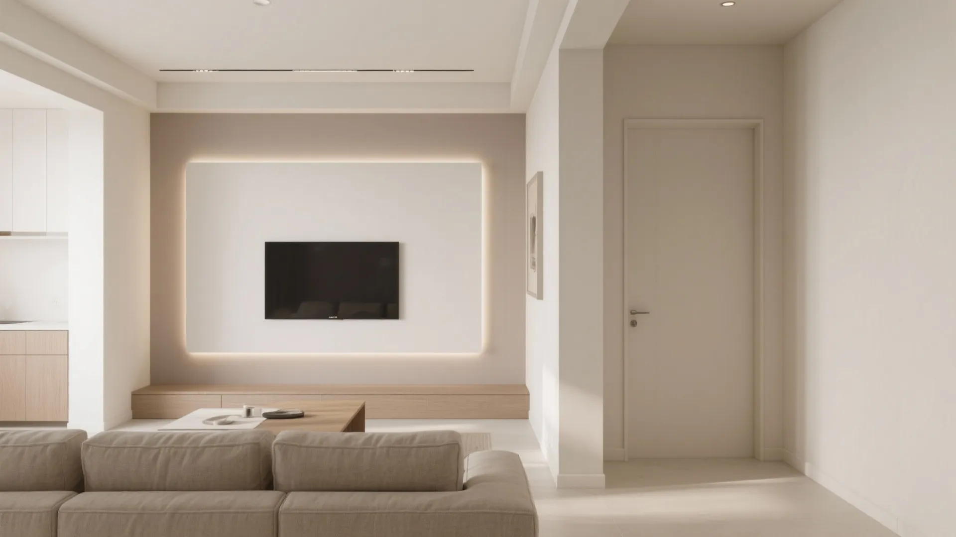 Modern living room with a backlit wall mounted television, beige sofa, and light wooden cabinet