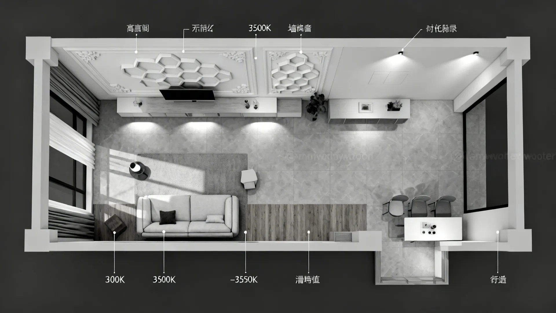 Top-down layout showing a 3D hex accent wall with lighting and furniture positions.