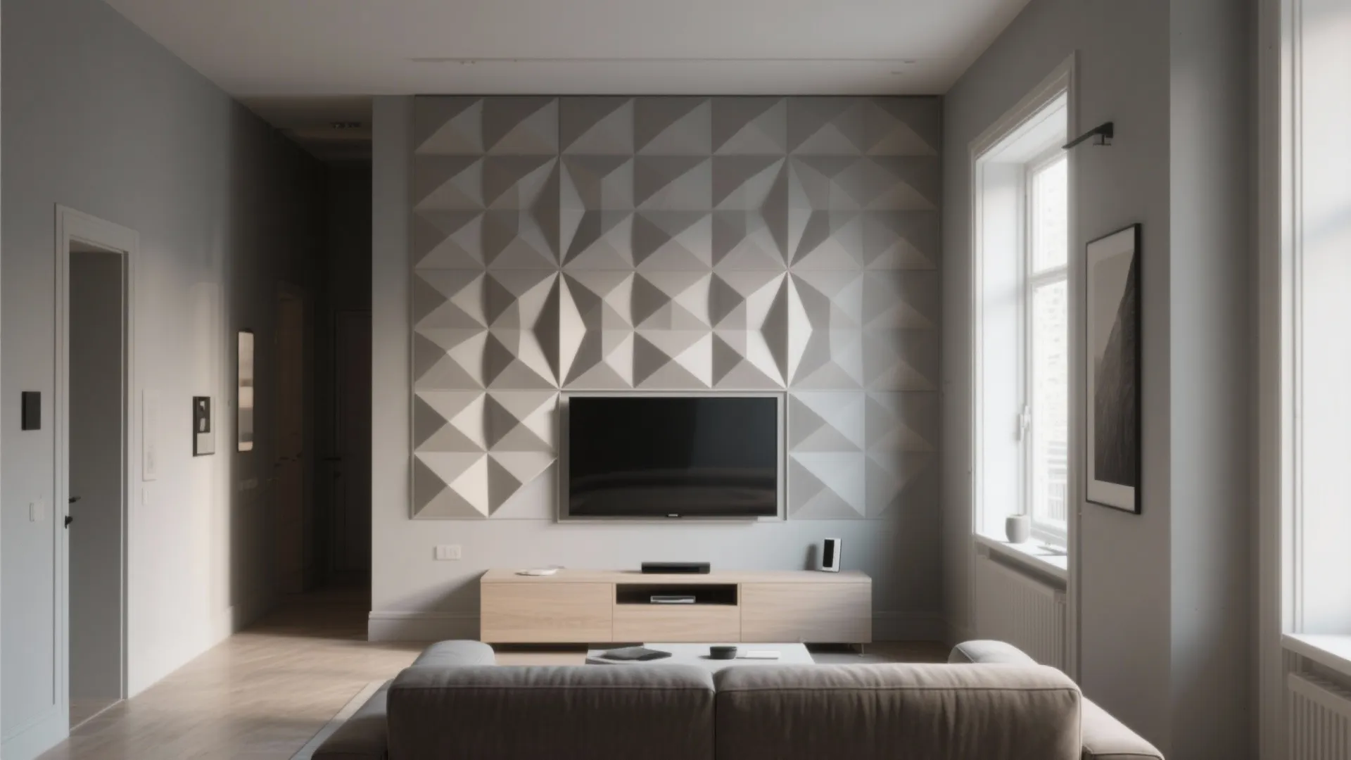 3) Geometric Relief Panels for Small Living Rooms
