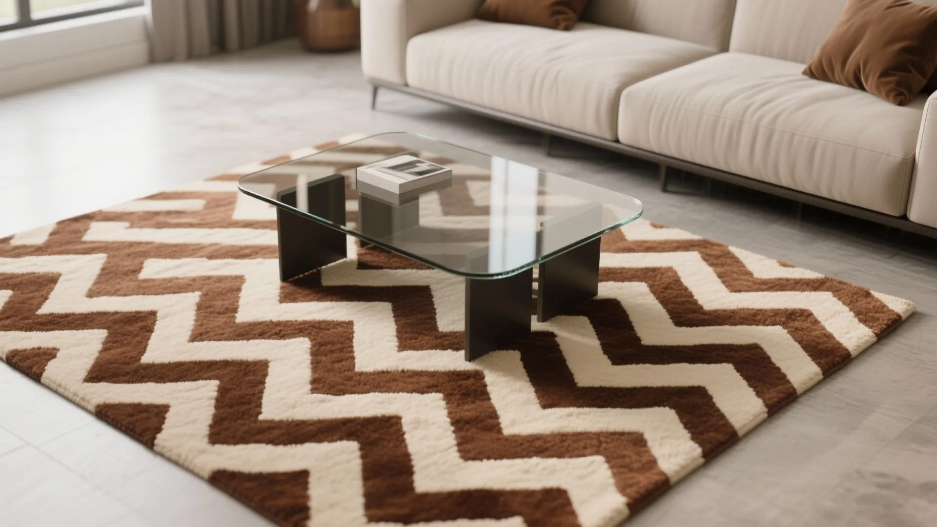 Brown and white zig zag pattern rug under glass coffee table in bright modern living room