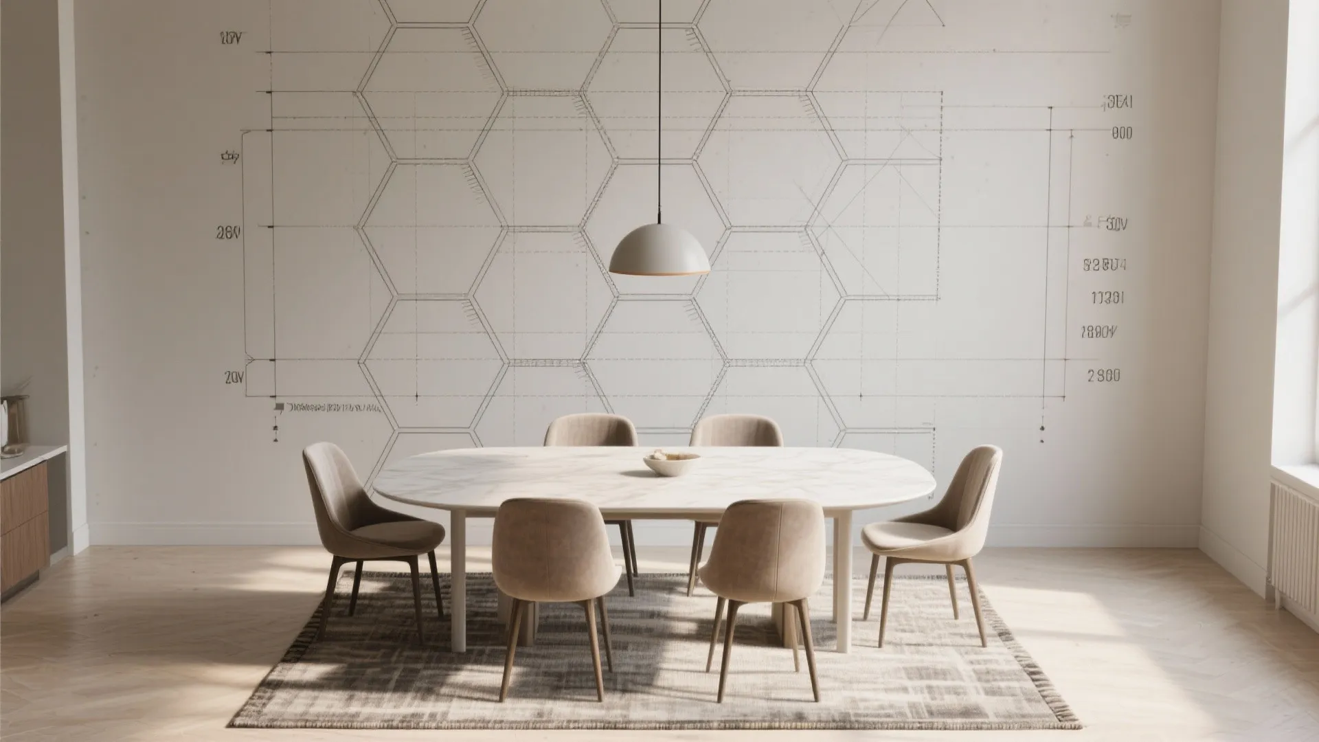 Modern dining area with white oval table and beige chairs against a hexagon pattern wall
