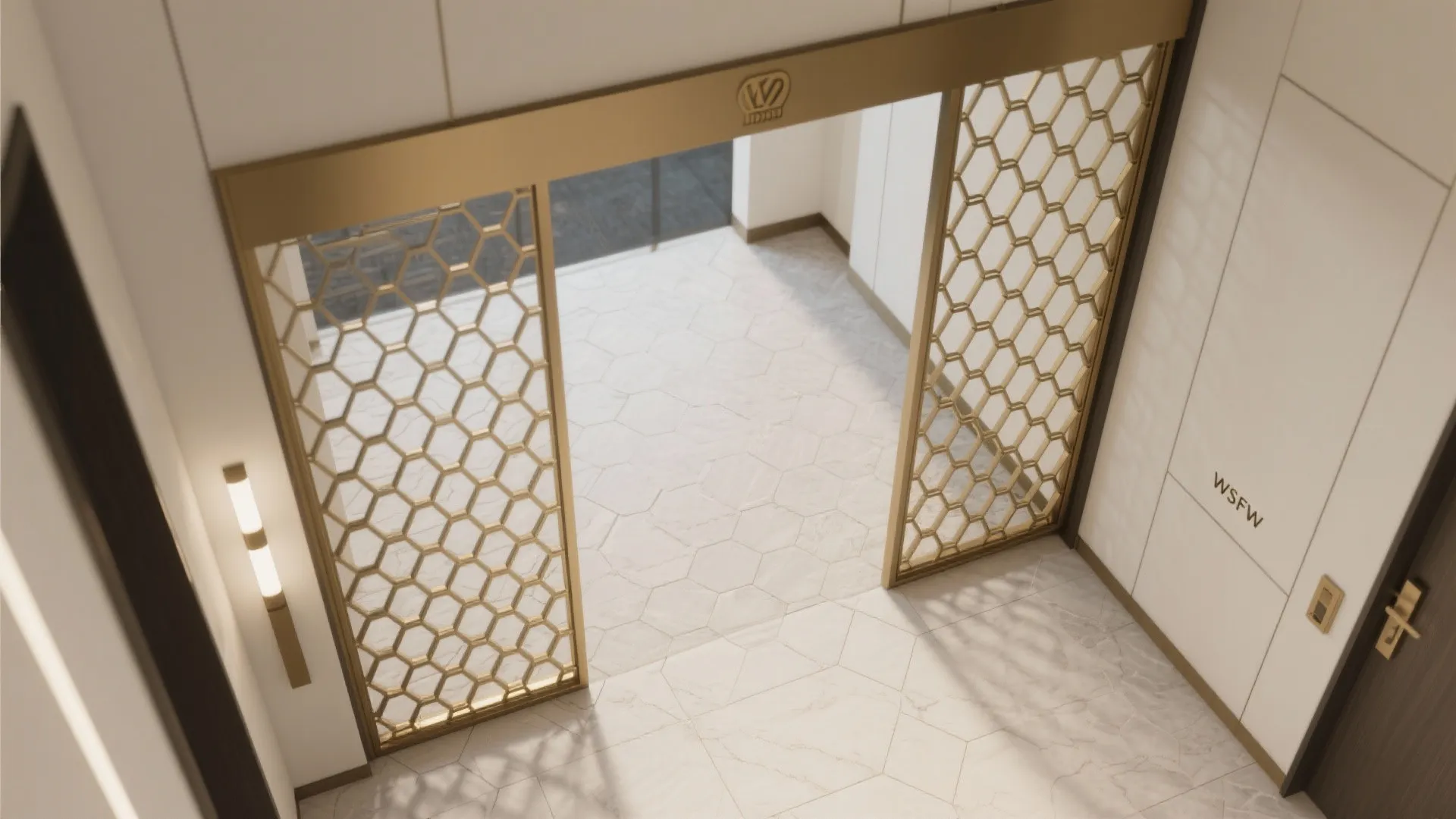 Gold hexagonal pattern doors open showing light marble floor and a modern gold wall light