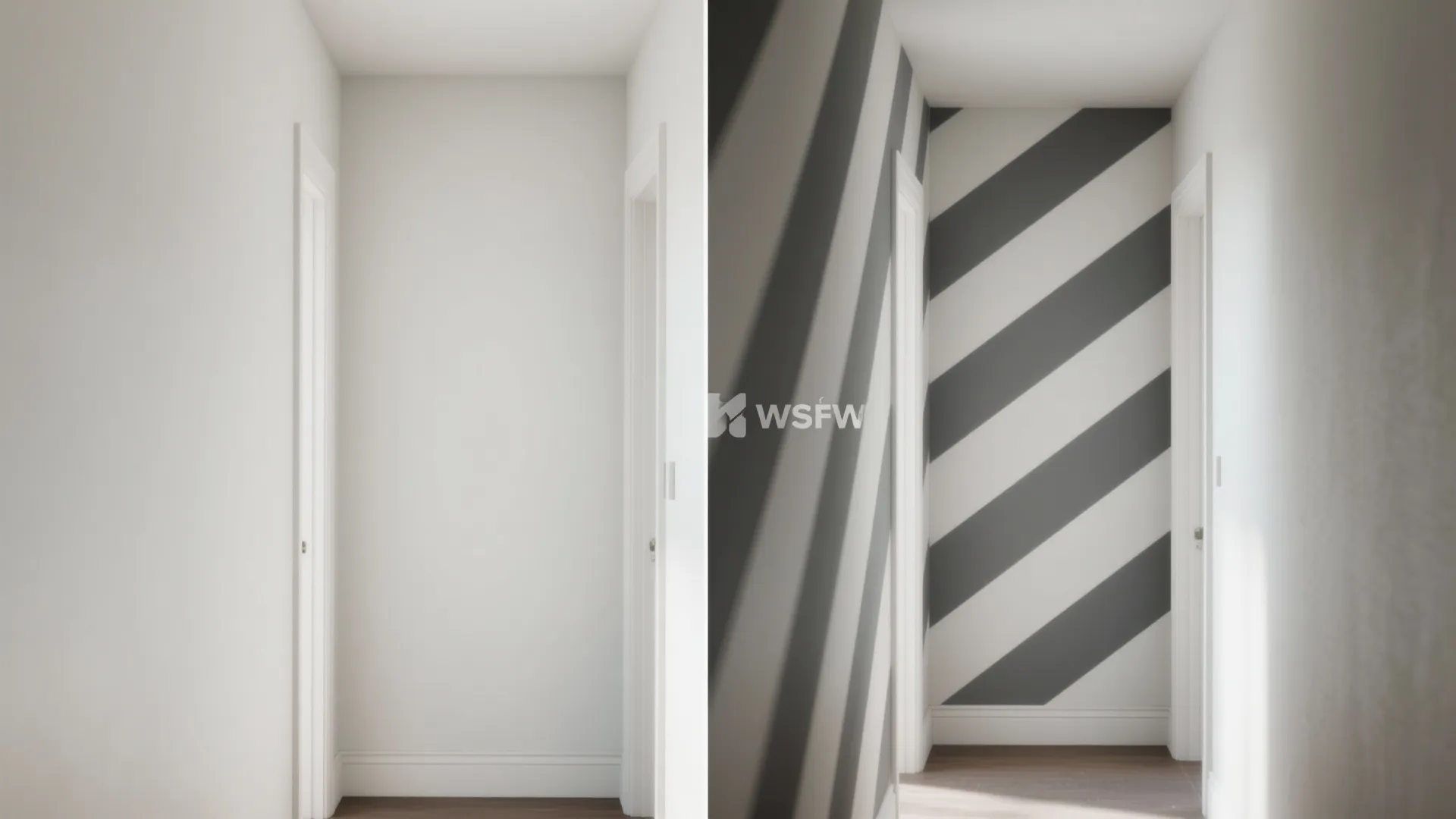 Before-and-after split view showing a hallway plain wall versus diagonal stripe decals for elongation.