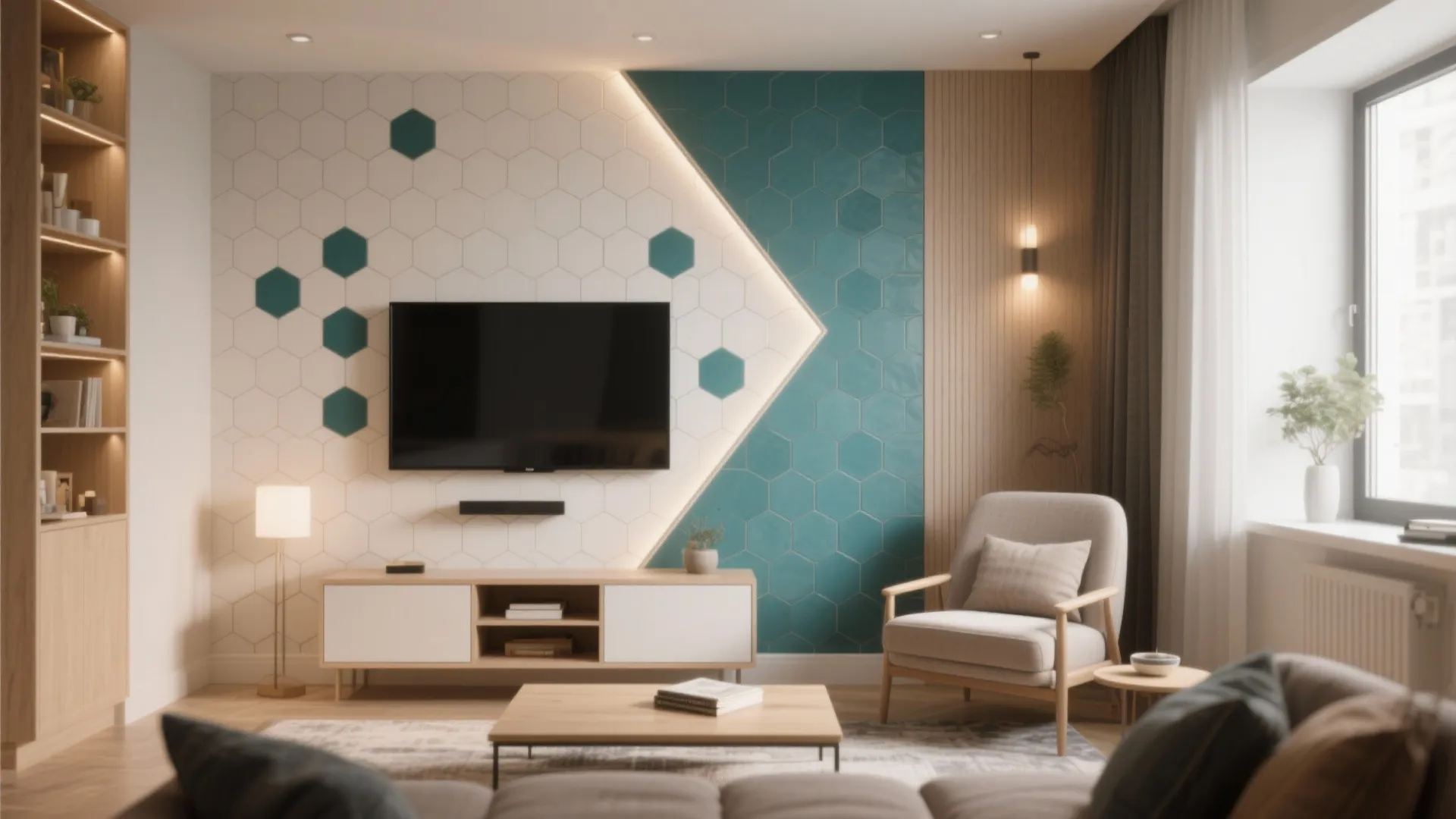 Geometric tile patterns define zones in a modern small living room with hex and chevron accents.