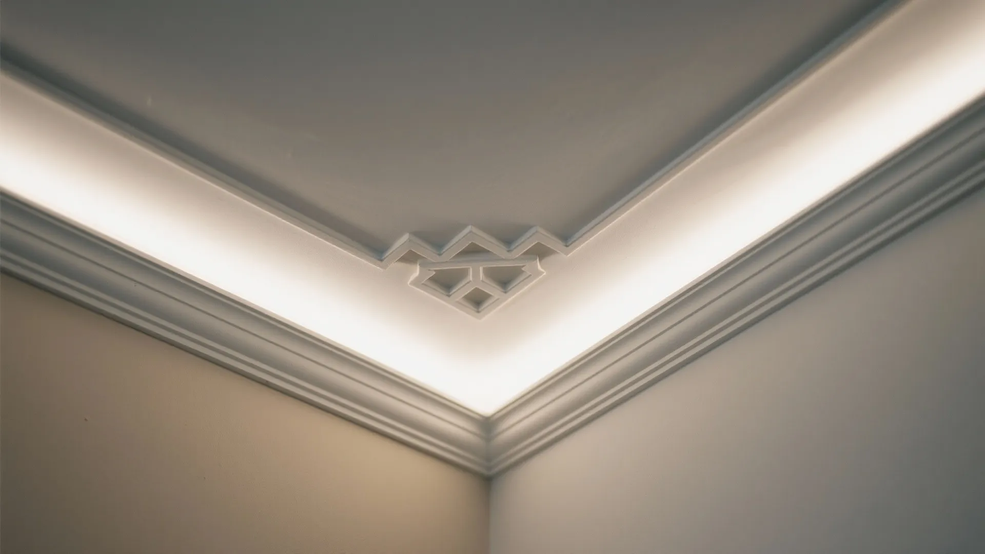 Modern white ceiling with hidden light strips and geometric wall panel detail in room corner