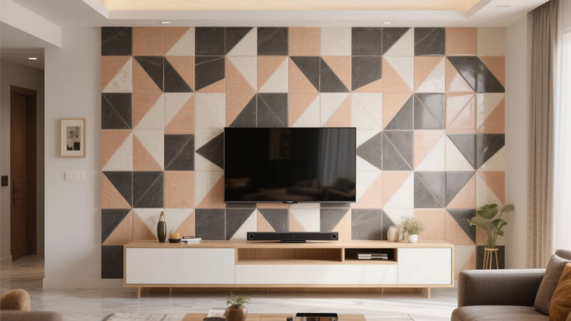 Bold geometric tiles as a TV wall focal point