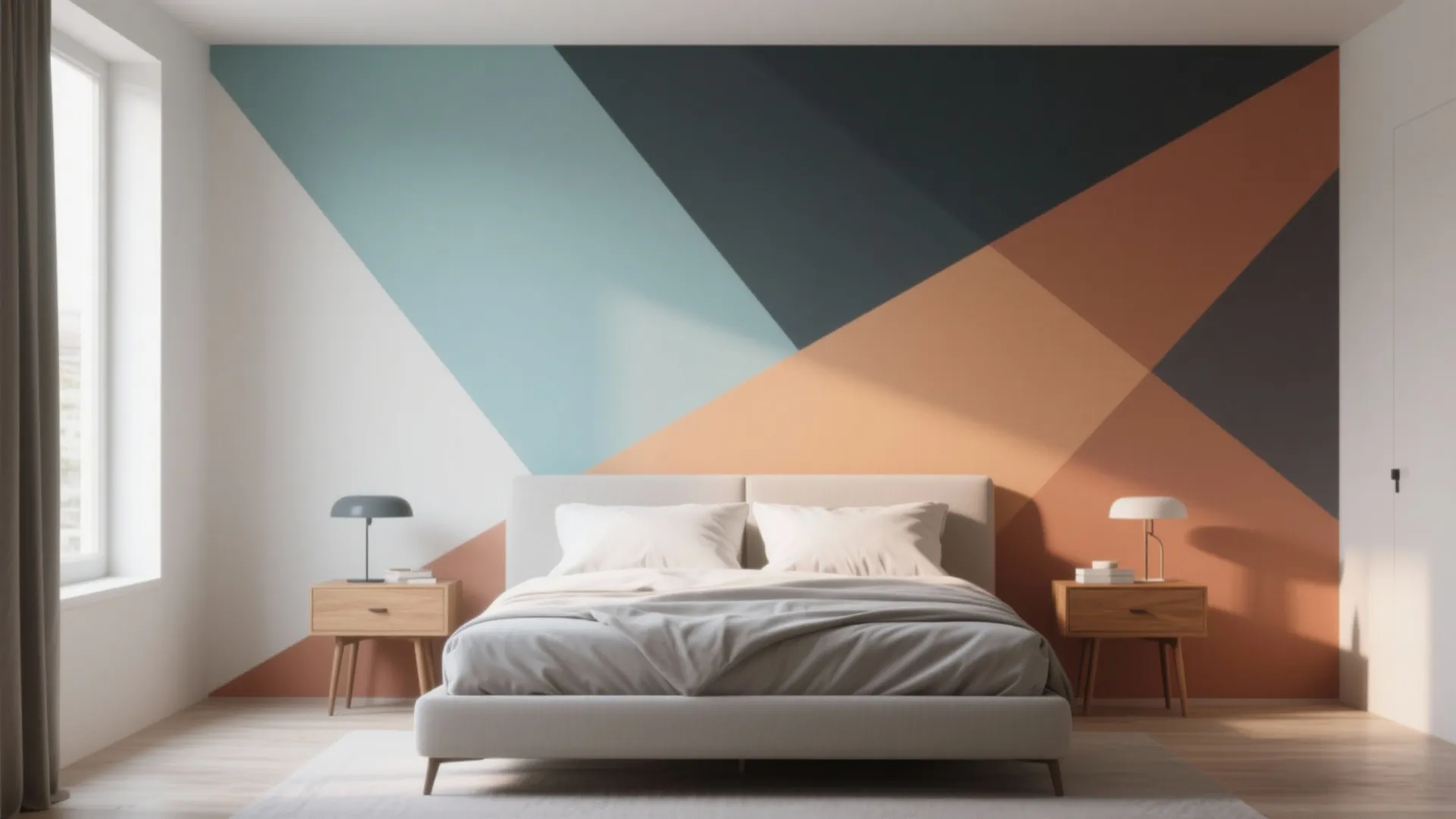 Modern bedroom with geometric wall paint design featuring grey bed wooden side tables and natural light