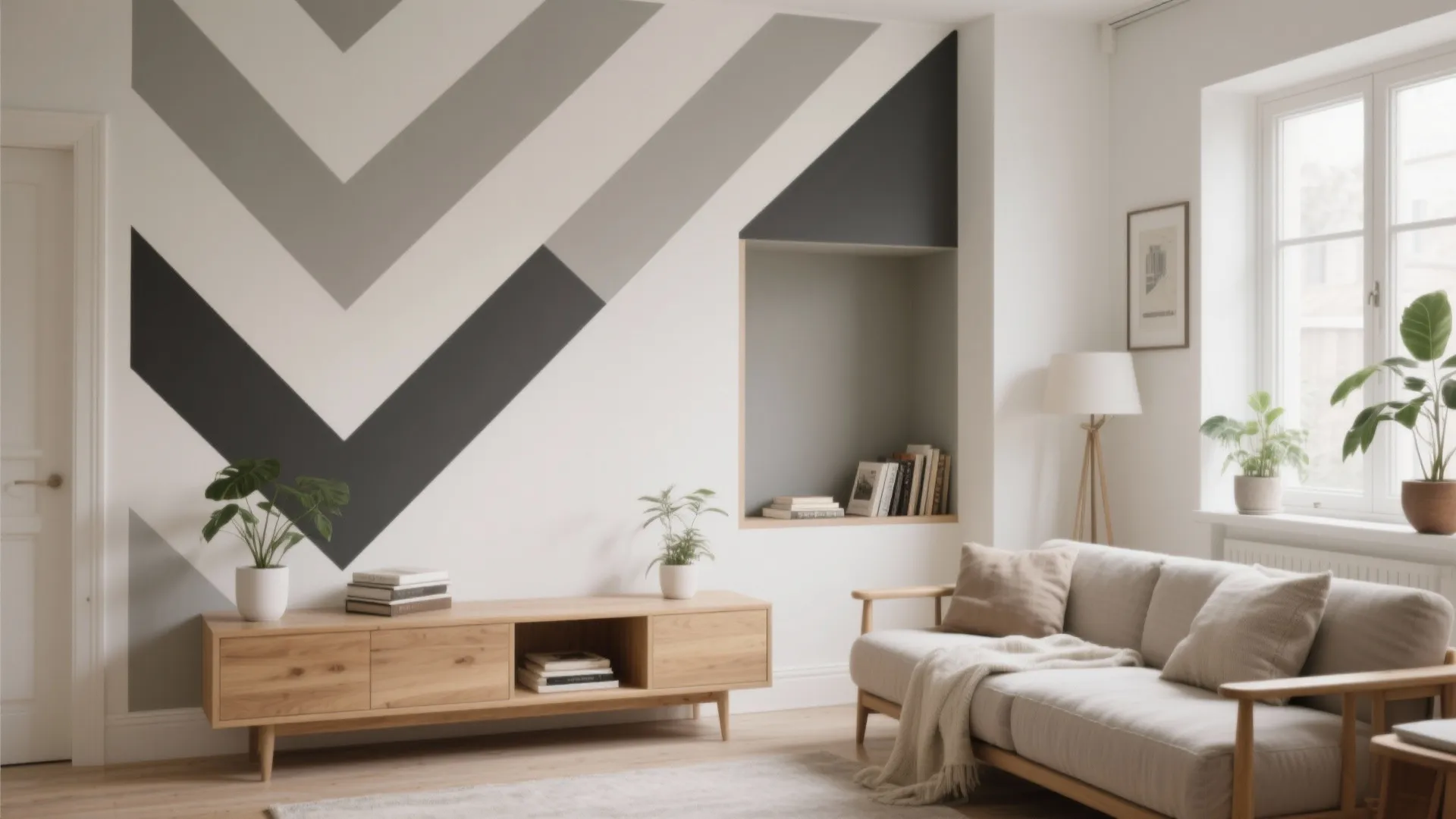 Living room with grey geometric wall paint wooden cabinet beige sofa and bright window natural light