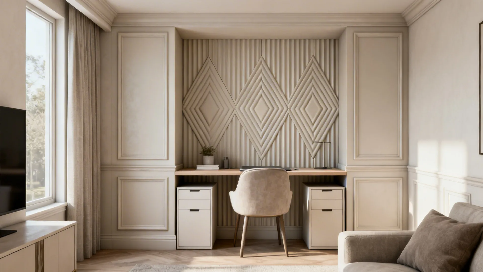 Home office nook with matte geometric PVC paneling defining the zone.