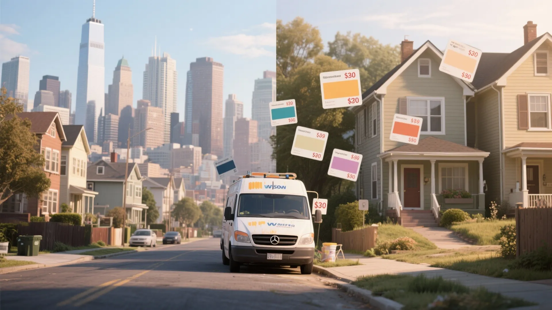 Split-scene of city and rural neighborhoods with a painter's van and visual price indicators showing regional pay differences.