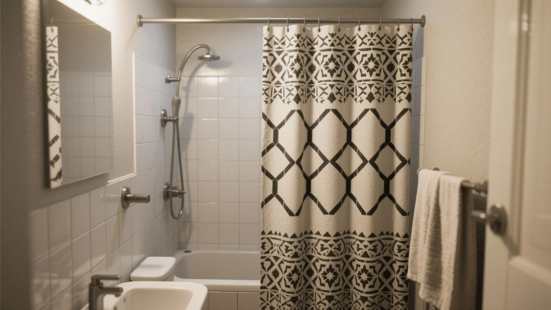 Modern bathroom with geometric pattern curtain white tiles bathtub silver shower head and white sink bowl