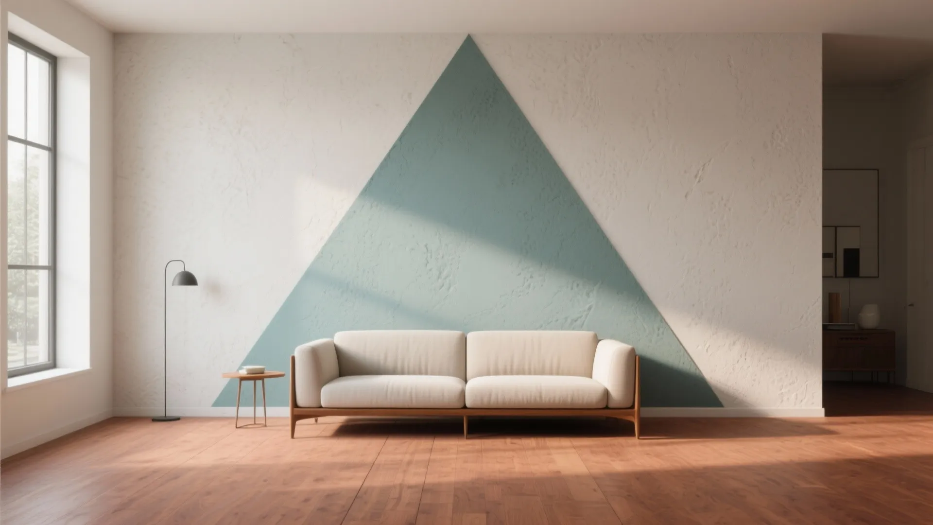 Modern living room with white sofa, blue triangle wall paint, wooden floor, and floor lamp