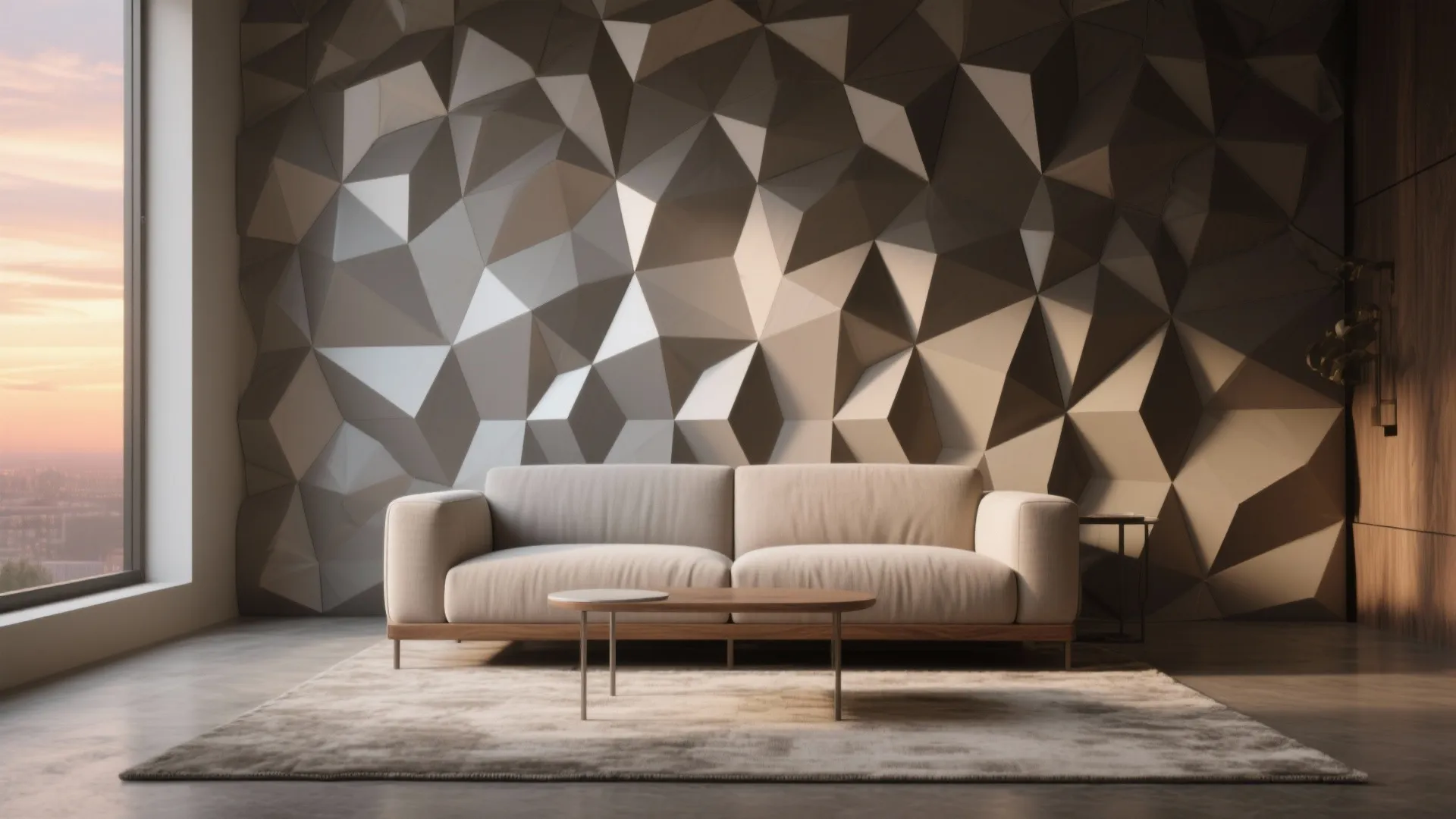Minimalist living room with grey geometric wall panel beige sofa wooden coffee table and sunset view